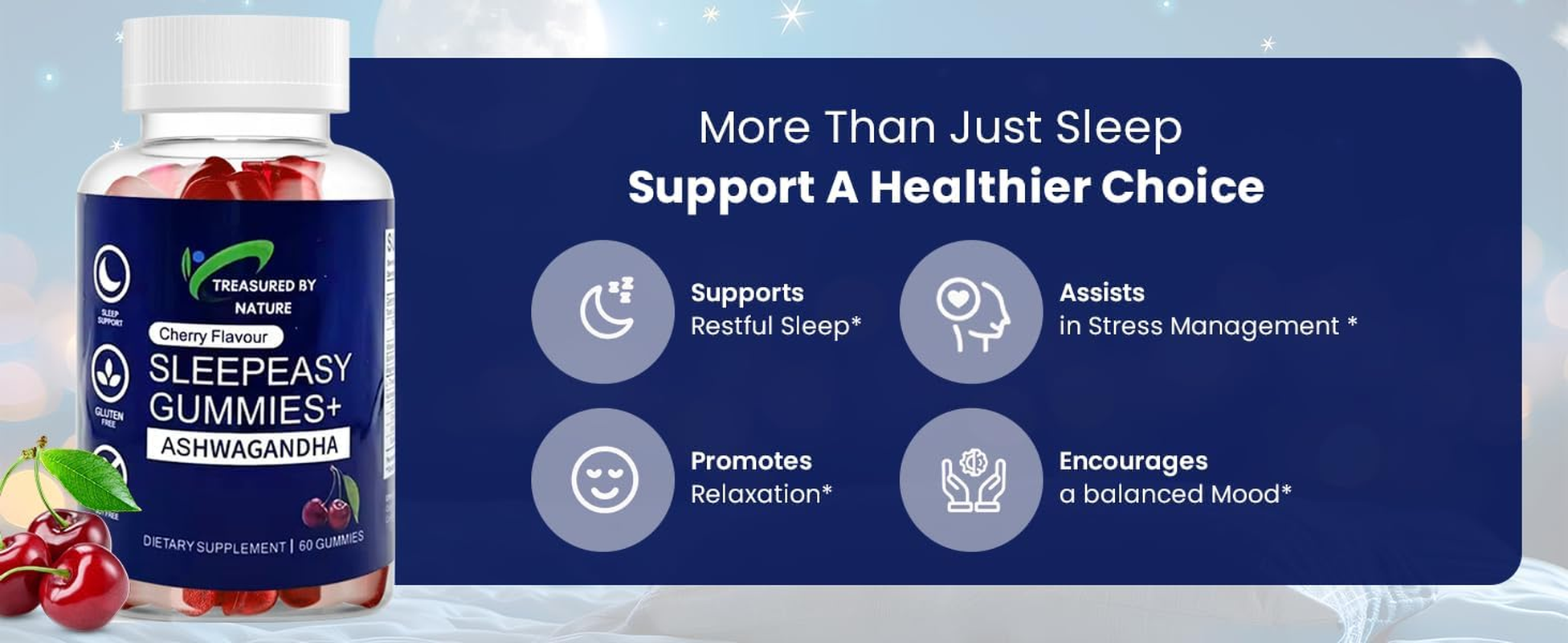 Sleepeasy Gummies+ with Ashwagandha, Magnesium Citrate, L-Theanine, Cherry Flavour, Gluten Free, 60 Gummies