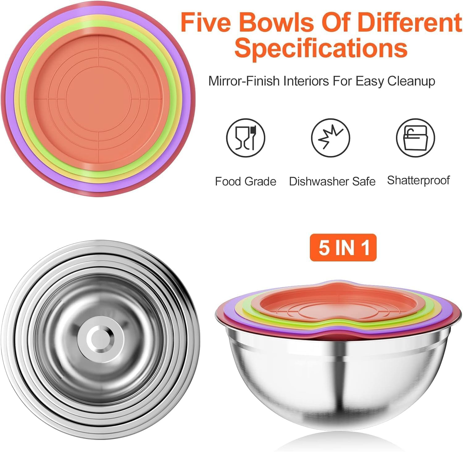 Mixing Bowl Set of 5, Stainless Steel Mixing Bowls with Airtight Multicolord Lids, Salad Bowls Size 4.5L/3.5L/2.5L/2L/1.4L,Multifunctional Bowls with Lids for Baking,Cooking,Food Prep