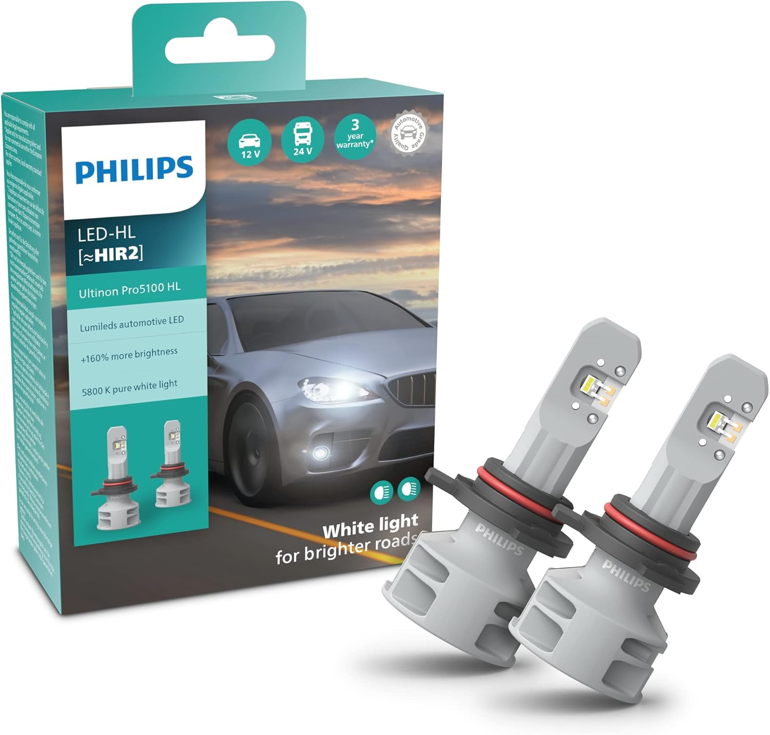 Philips Ultinon Pro5100 LED Car Headlight Bulb (HIR2), +160%, 5.800K, Set of 2
