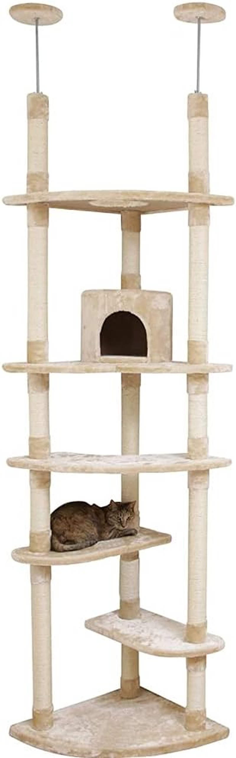 Iris Plaza Cat Tower, Tension Type, W Fixed, Nail Sharpener, Space Saving, with Home, Beige, Height 87.6-98.7 Inches (222-248 Cm)
