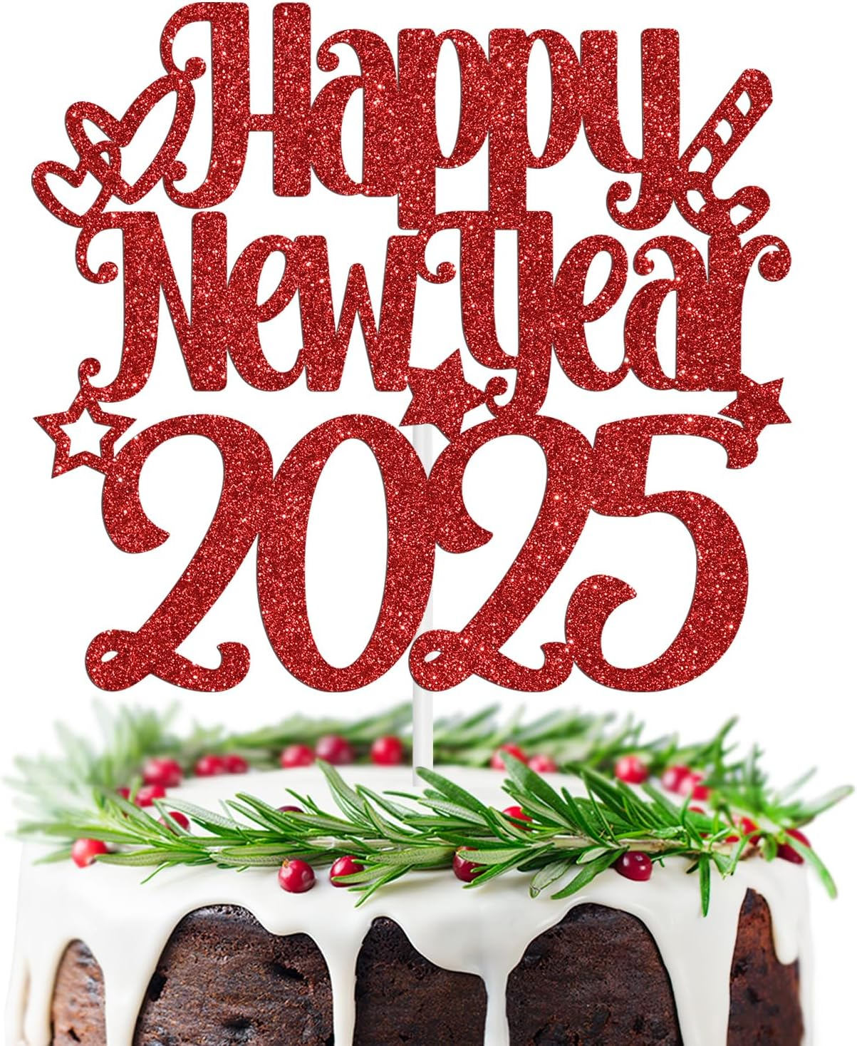 Happy New Year 2025 Cake Topper, Happy Holiday/Merry Christmas Cake Decor, New Year'S Eve Festival Party Decoration Suppllies, Red Glitter image number 2