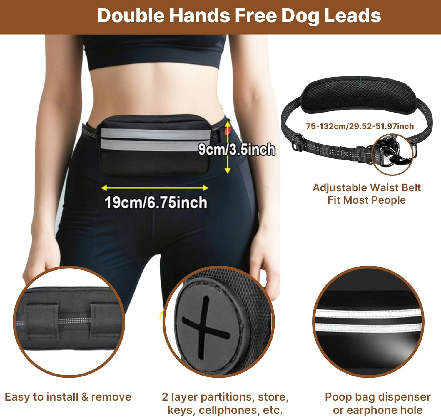 Hands Free Dog Leash with Zipper Pouch, Dog Running Leash with Adjustable Waist Belt, Double Padded Handles, Safety Harness Buckle, Reflective Retractable Bungee for Medium & Large Dogs image number 1