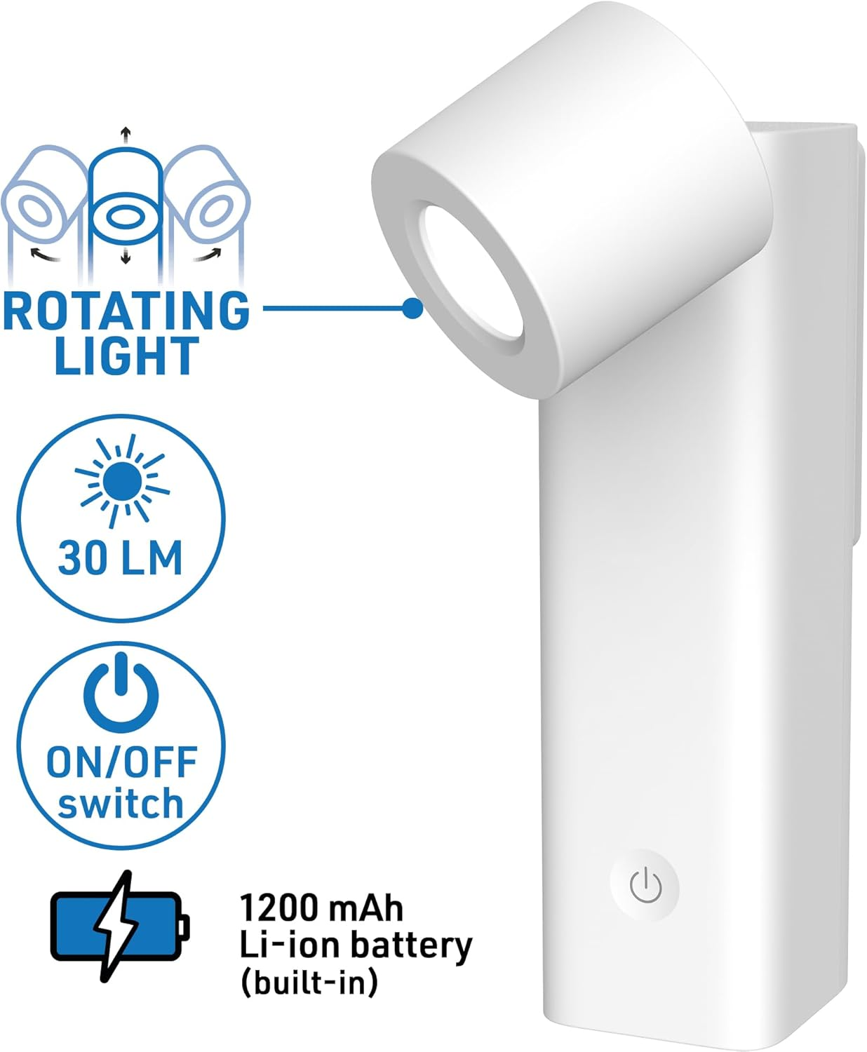 Electraline 58059 30 Lumens 3000K Adjustable LED Wall Spotlight Rechargeable with USB-C Cable (Included) 1200Mah White
