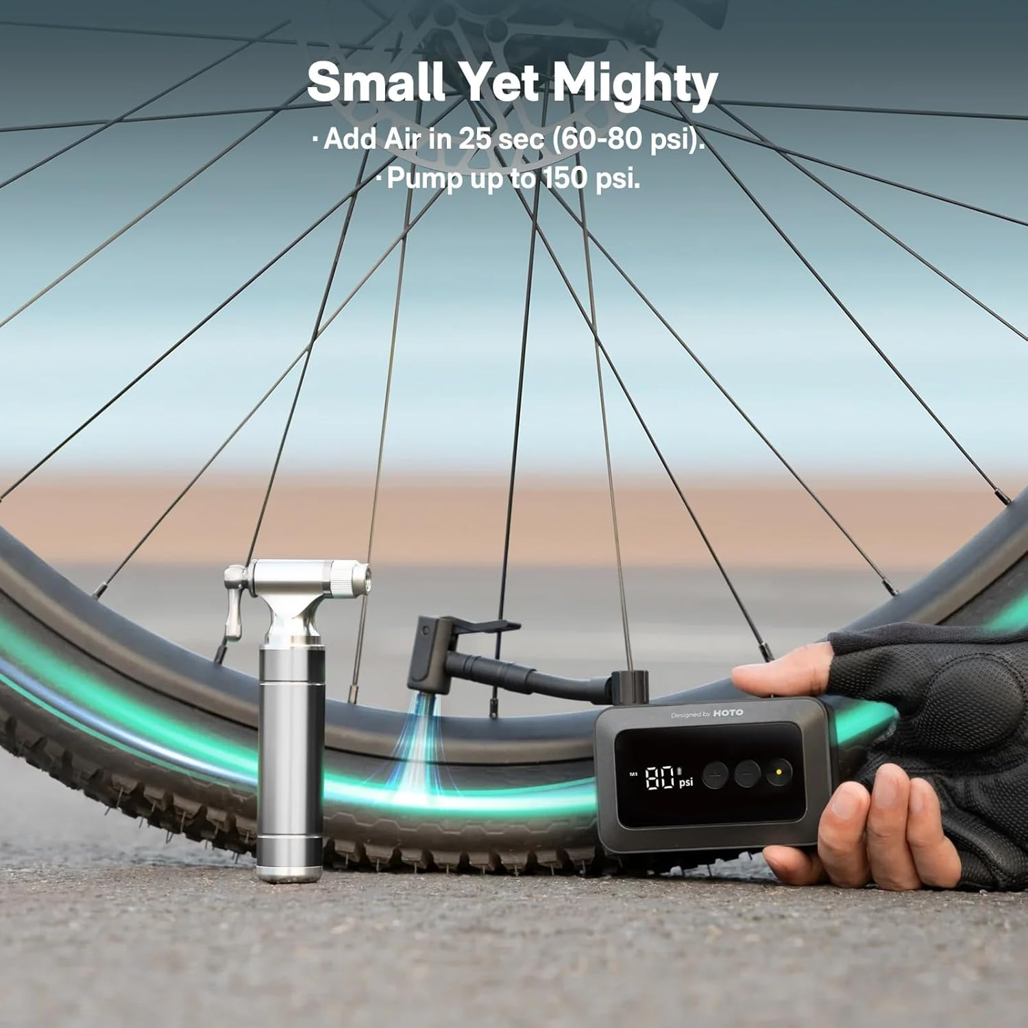 HOTO Air Pump Pocket, 150PSI Wireless Tire Inflator Portable Air Compressor with Digital Display, USB-C Charging, Ideal for Car/Motorcycle/Bike/Ball image number 2