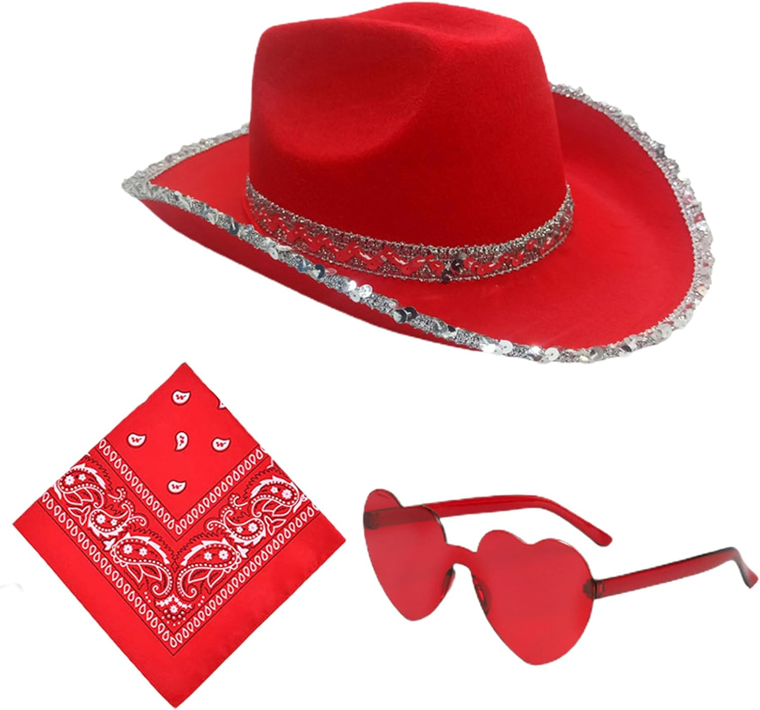Cowgirl Hats Women - Bling Jazz Hat with Glasses Headscarf, Cowgirl Hats Pack, Costume Dress up Party Supplies for Festival Party