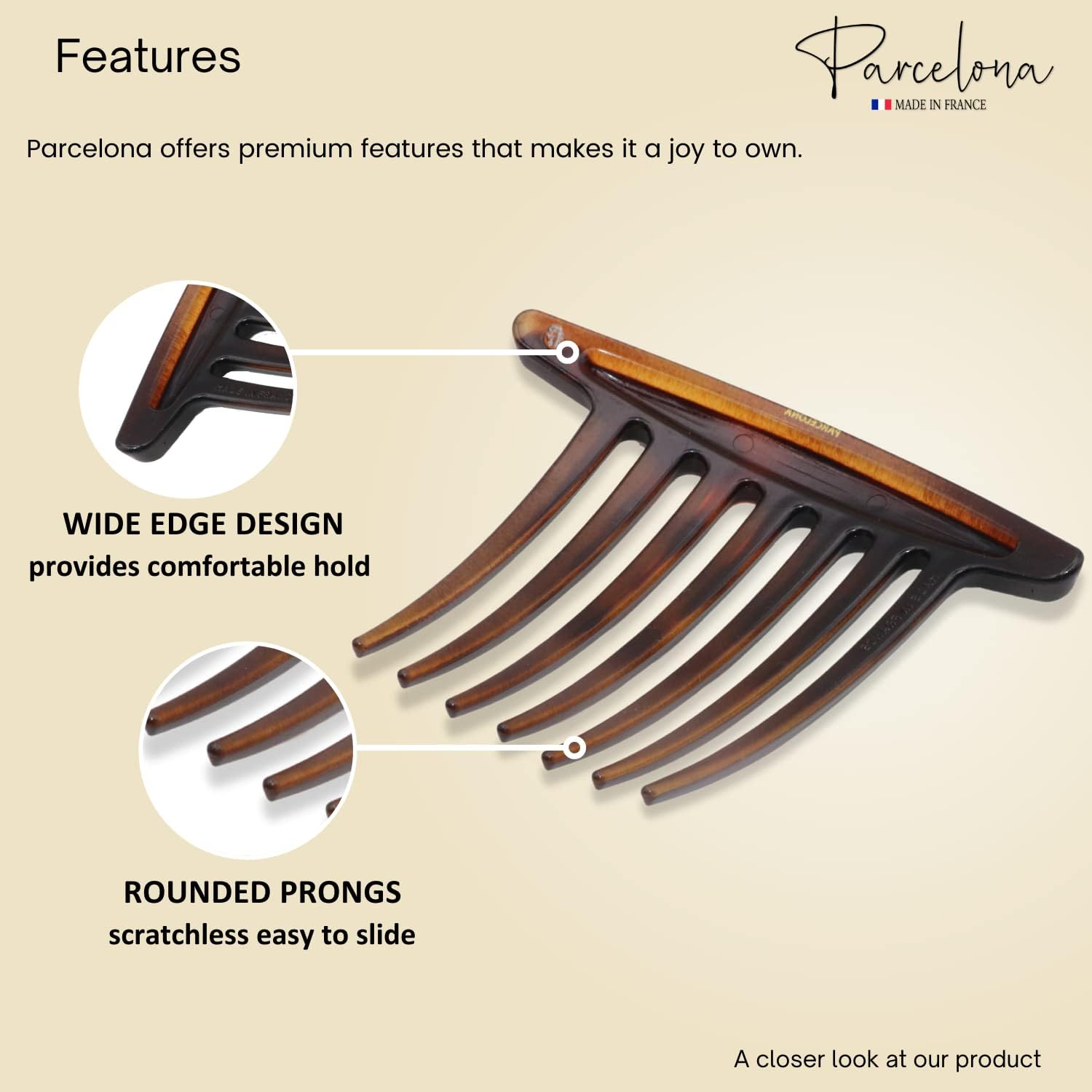 Parcelona French Basic 7 Teeth Tortoise Shell Matte Large 4&rdquo; Celluloid Set of 2 Side Hair Combs for Women and Girls image number 6