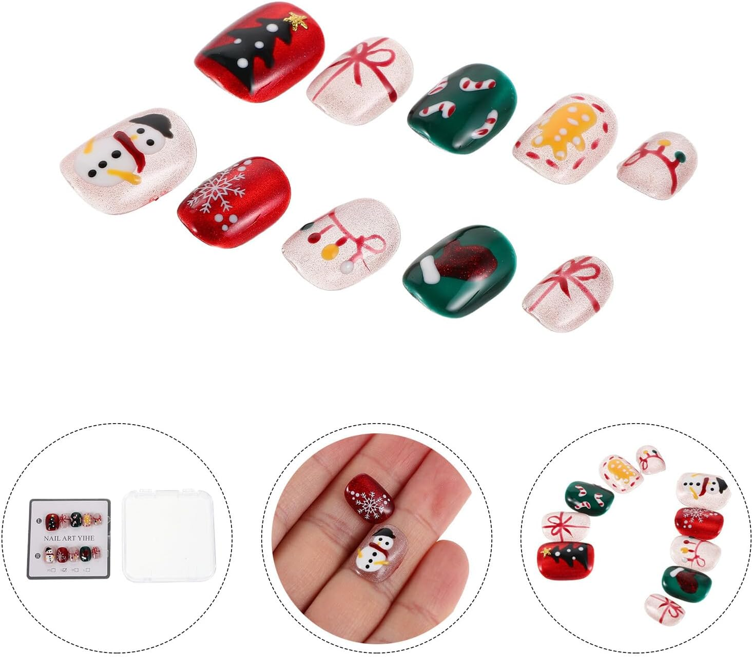 BAZEITFLOW Christmas Short Press Nails Snowflake Candy Cane Art Stickers Square False Nails with French Tips Festive Holiday Manicure for Women