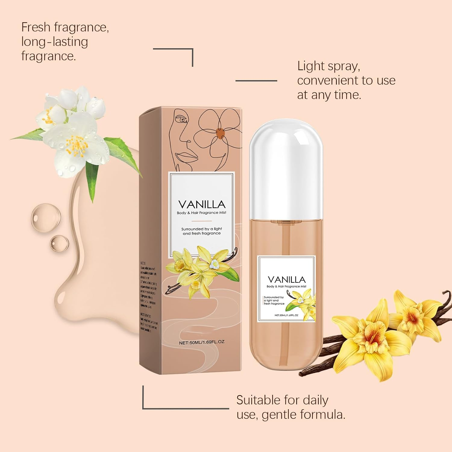 QPJUVC Vanilla Hair & Body Fragrance Mist - Long-Lasting Light Fragrance Spray for Women, 50Ml Travel Size Hydrating Refreshing Body Spray (1) image number 1