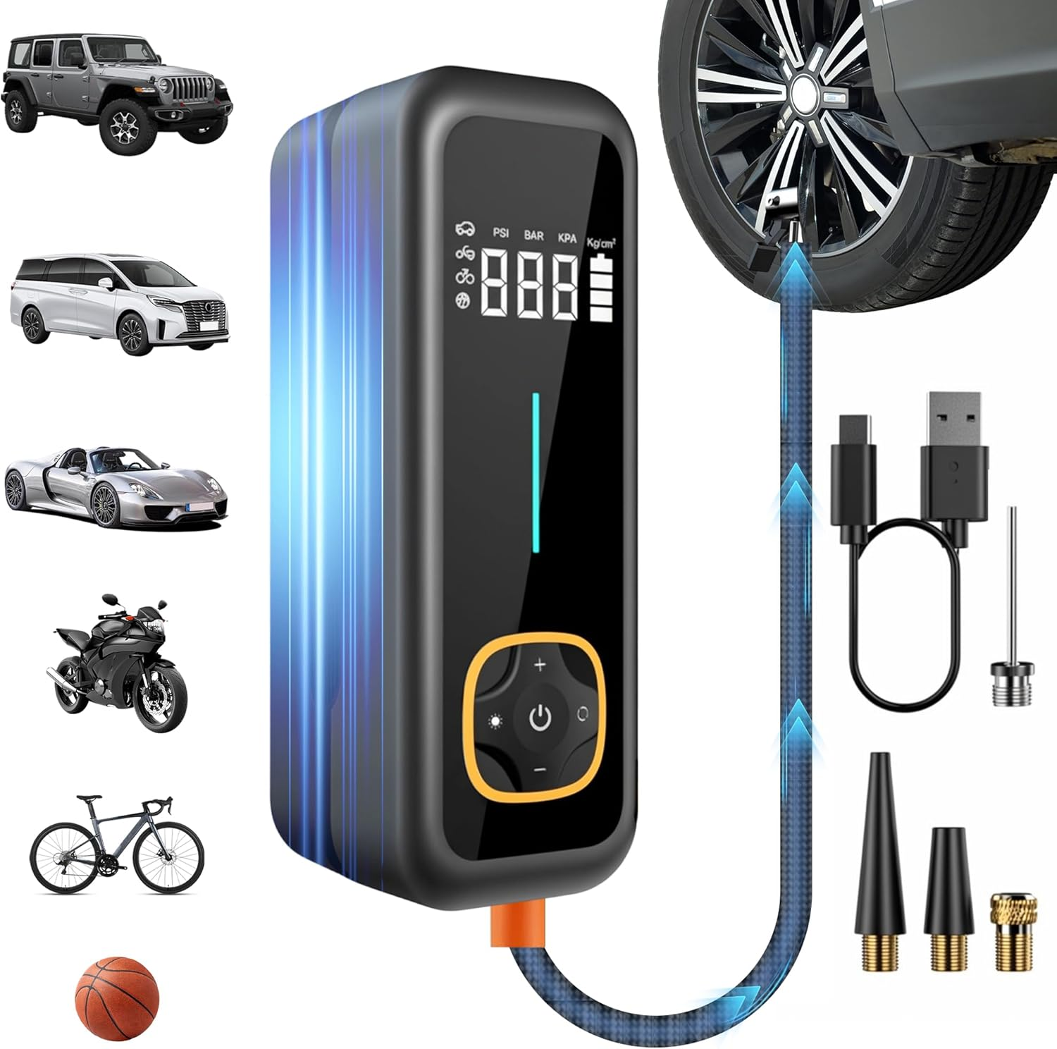 Advwin Portable Tire Inflator, Air Compressor 150PSI, Cordless Car Air Pump with LCD Digital Pressure Gauge, Electric Tire Pump Automatic Stop, for Cars Motorcycles Bike Ball image number 6