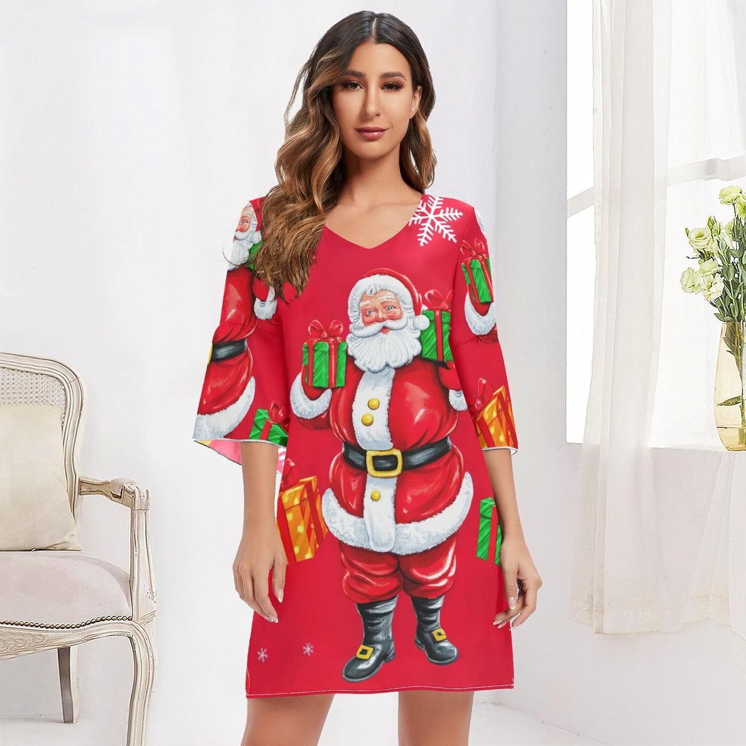 Cute Santa Claus Red Short Summer Dress Printed Line Maternity Dress S-XXL image number 2