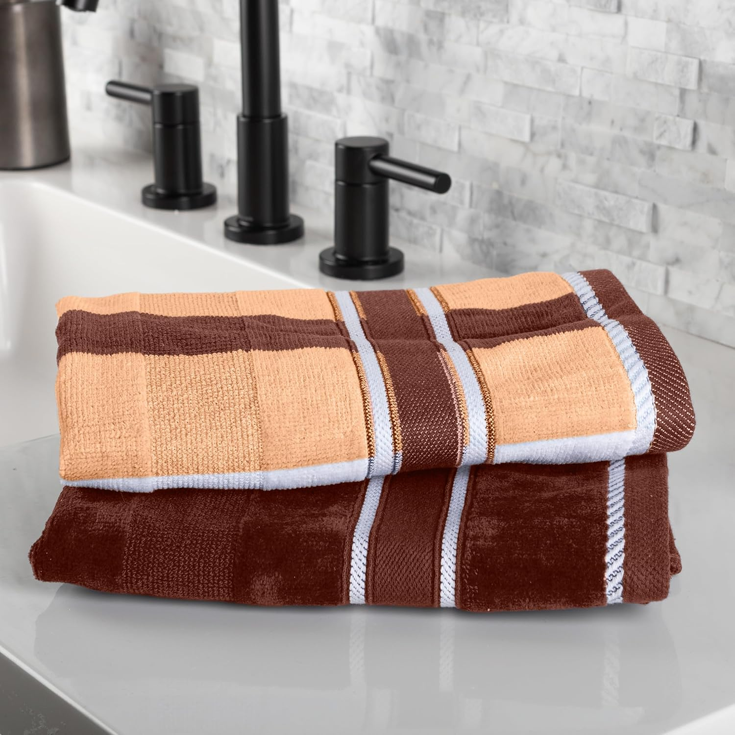 Lavish Home 6-Piece Bath Towels Set - Oakville Beige-Striped 100% Cotton Velour Set with 2 Bath Towels, 2 Hand Towels, and 2 Washcloths By