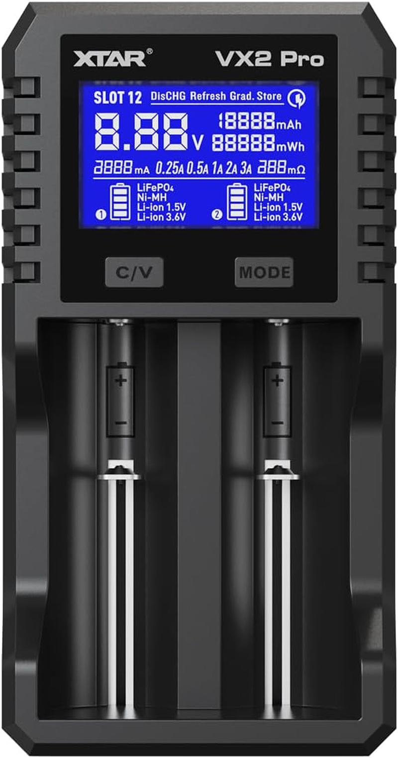 XTAR New VX2 Pro 2 Independent Slot Universal Battery Charger for 3.6/3.7V Li-Ion 1.5V Li-Ion&1.2V Ni-Mh AA AAA 3.2V Lifepo4 Batteries with Discharge/Store/Refresh Function (VX2 Pro) image number 3