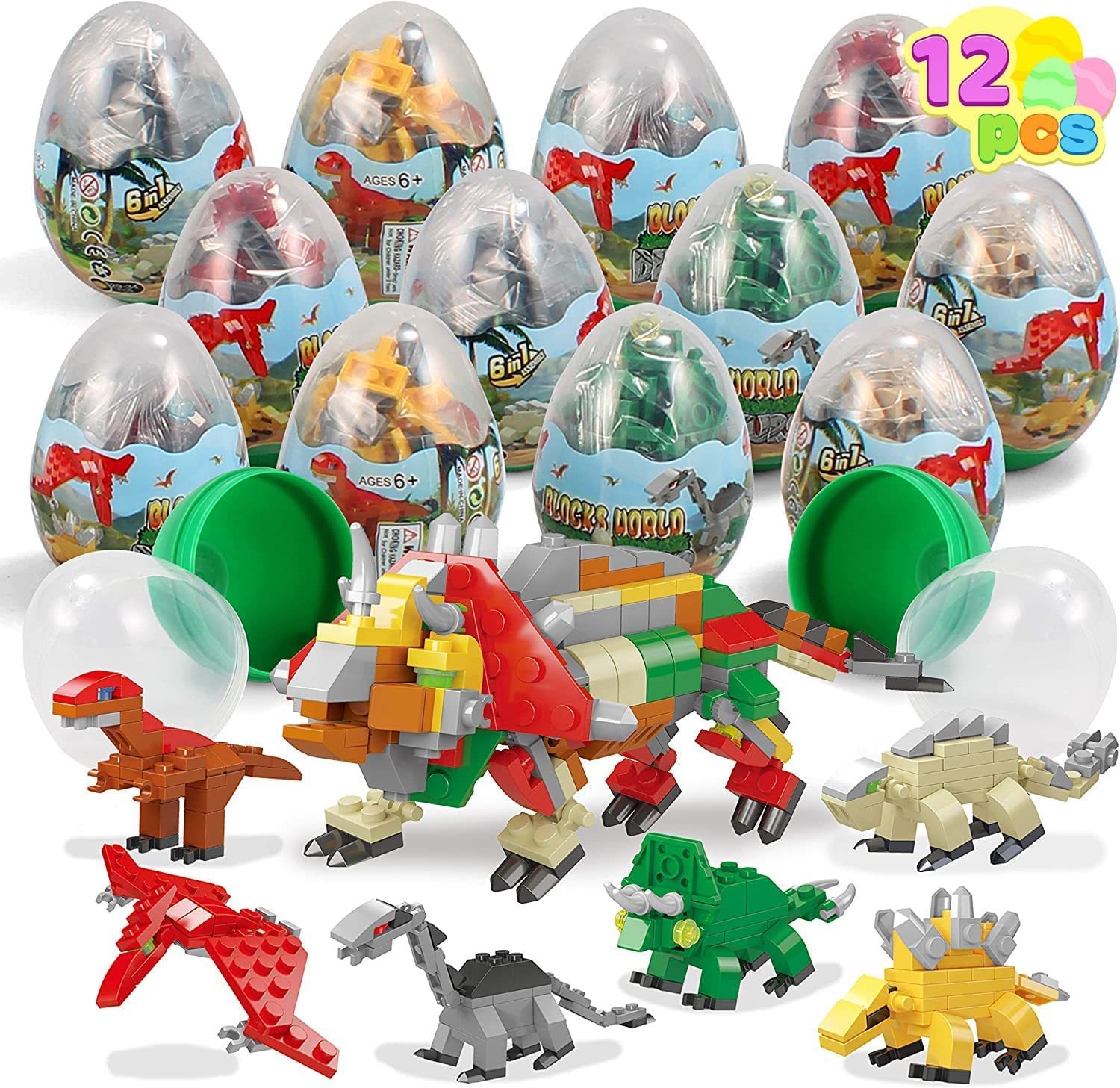 12 Pcs Prefilled Easter Eggs with Dinosaurs Building Blocks Toys, 3.25" Eggs for Easter Basket Stuffers, Holiday Kids Gifts Easter Party Favors Set, Easter Egg Hunt, Classroom Events Rewards image number 4
