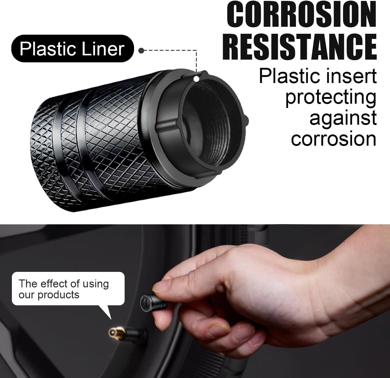 Tire Valve Stem Caps - (5 Pack) Metal Air Caps with Plastic Liner, Corrosion Resistant, Leak-Proof, Universal Stem Covers for Cars Trucks Motorcycles and Bikes - Black image number 5