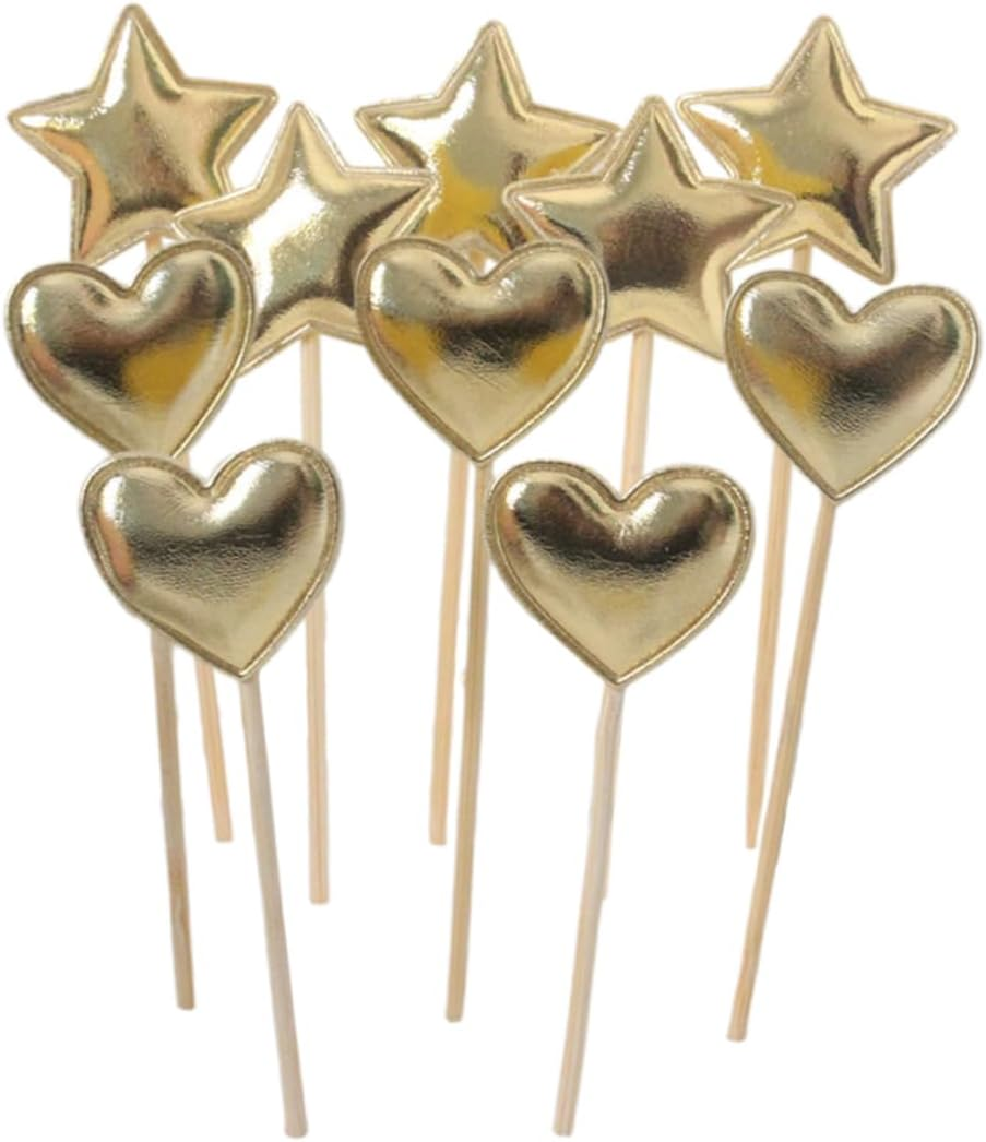 50Pcs Gold Heart and Five-Pointed Star Cake Picks for Party Dessert Toppers Wooden Cupcake Picks for Wedding Baby Shower Birthday Food Fruit Decoration image number 1