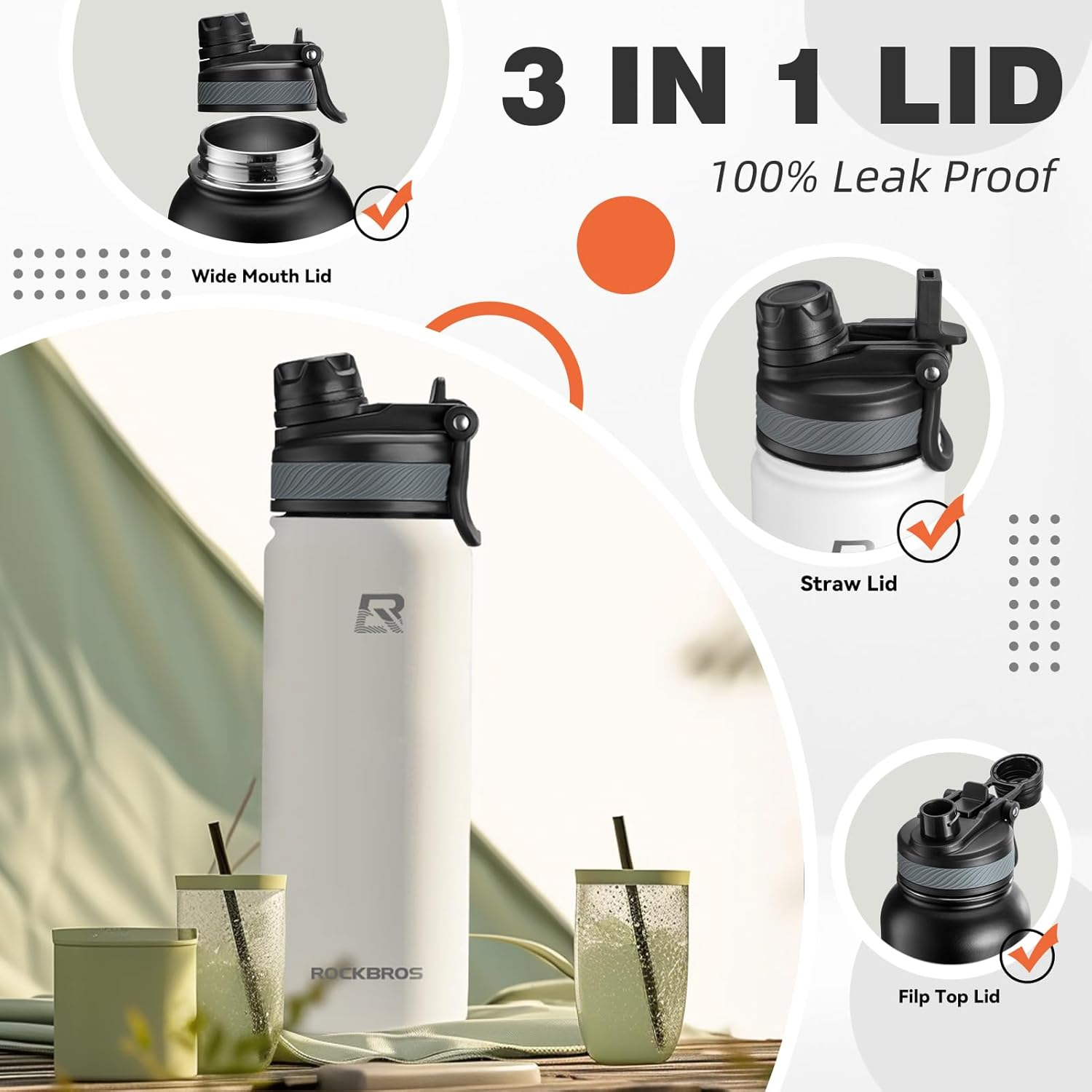 ROCKBROS Insulated Water Bottle with Straw, Stainless Steel Sports Water Cup Flask Leak Proof with Handle Keep Warm and Cold for Hiking, Cycling, Bike Travel, School Sports (White, 18, Ounces) image number 4