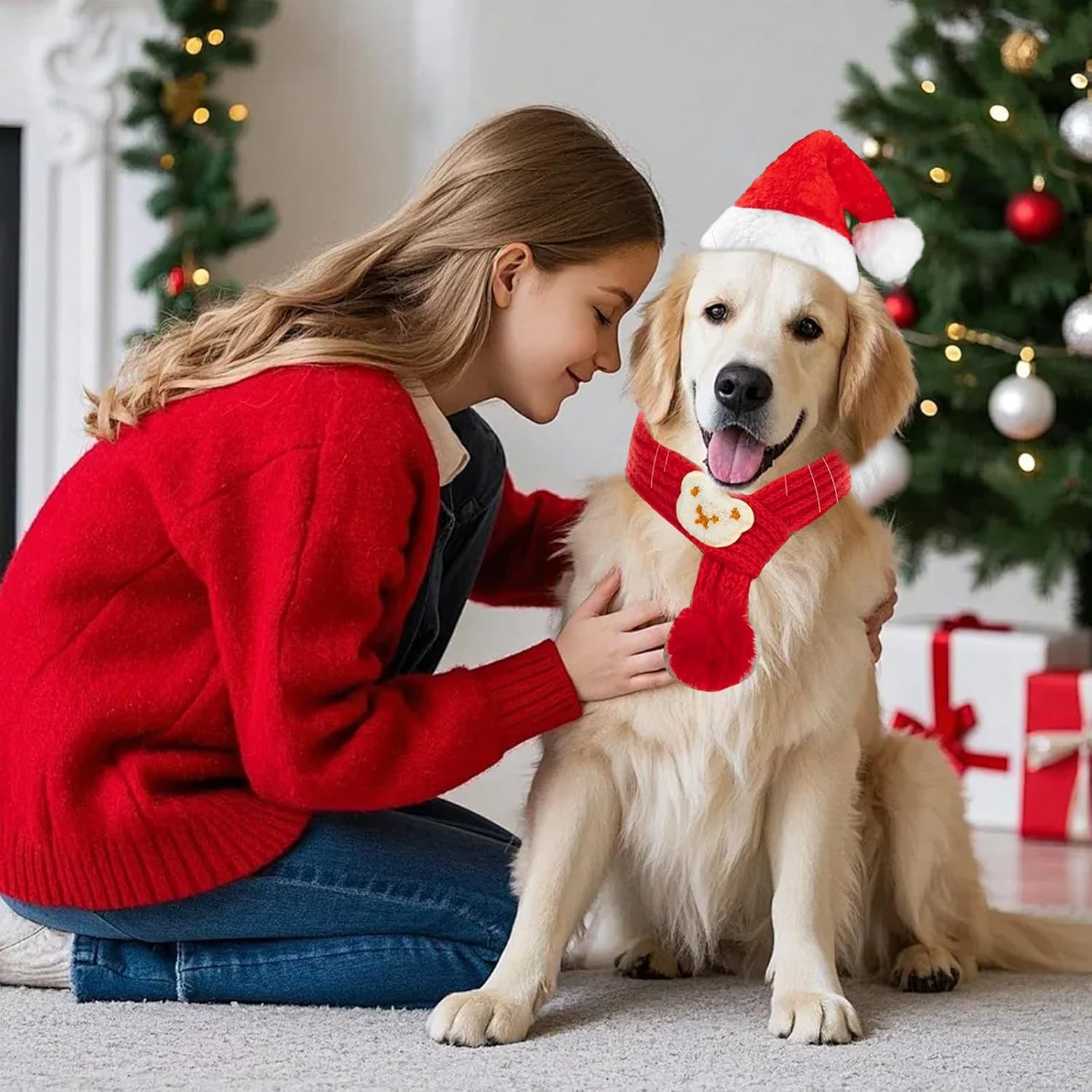 3 Piece Christmas Pet Dog Cat Outfit with Knitted Scarf, Santa Hat and Bow Tie, Festive Season, Red, Suitable for Small and Medium Pets image number 6