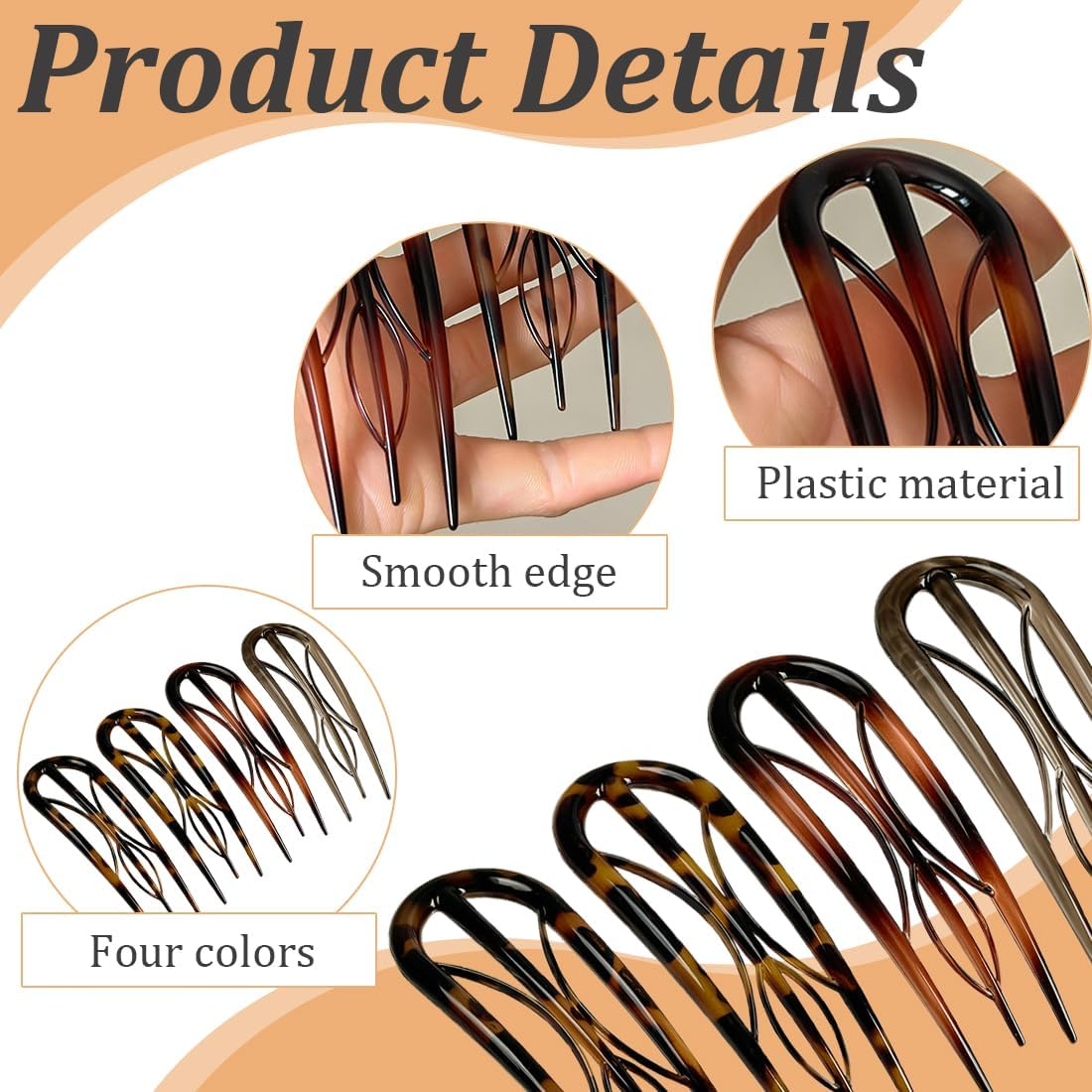 Pack of 4 U-Shaped Hair Pins, French Hair Clips, Large Resin, Double Insert, U-Shaped Hair Clips, Vintage Hairpin Clip image number 3