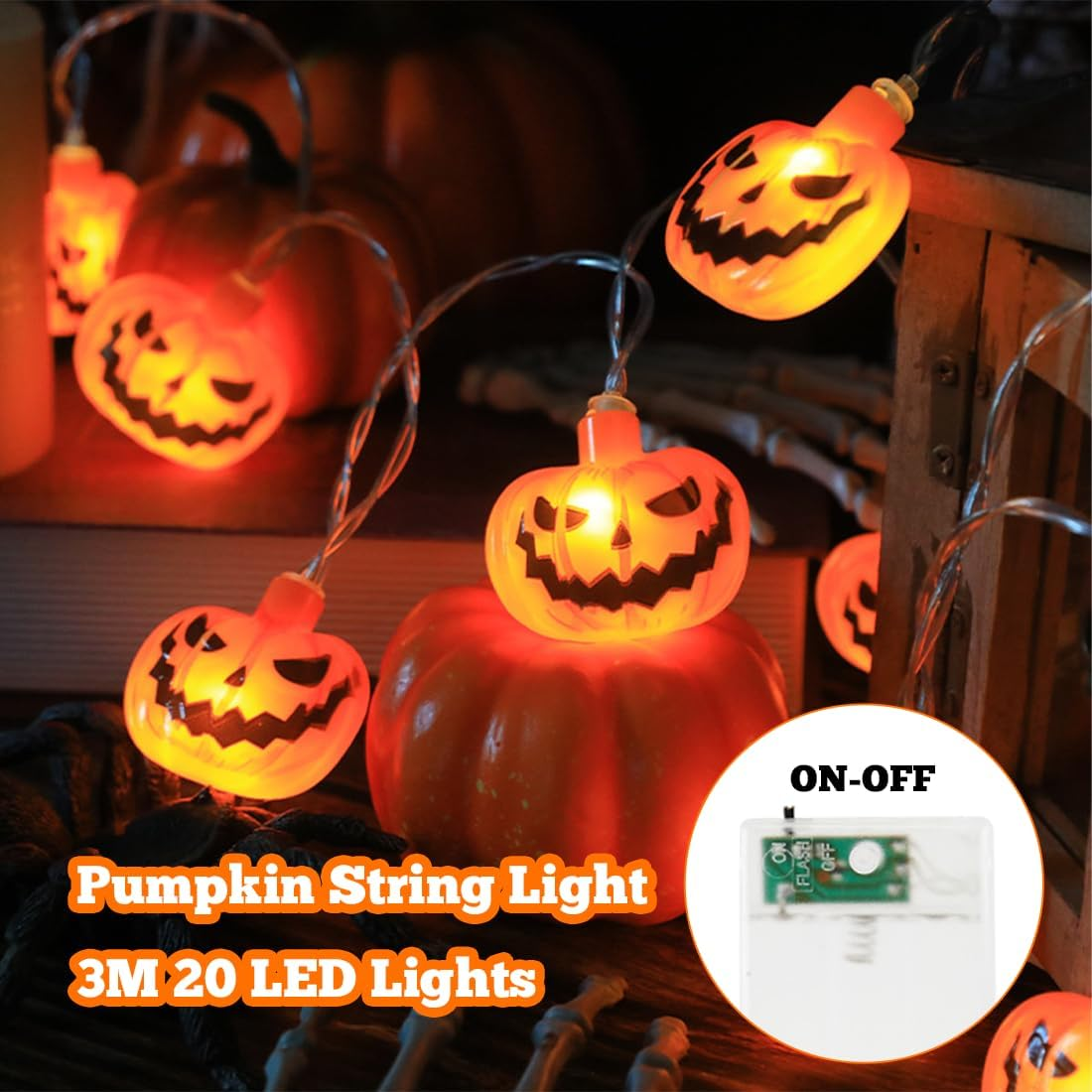 Meleager Halloween Fairy Lights, 3 M, 20 LED Fairy Lights with Pumpkin Decoration, Battery Operated Fairy Lights for Halloween, Indoor, Outdoor, Party Decoration image number 2