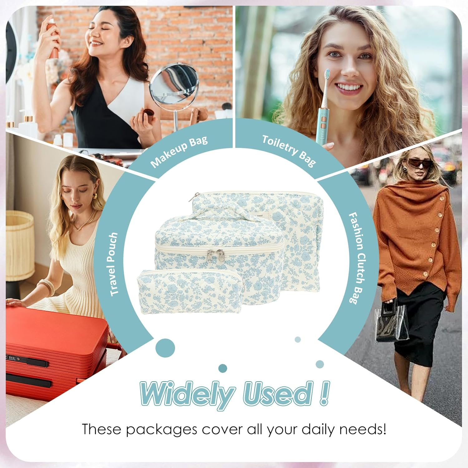 3 Pcs Makeup Bag Cotton Quilted Cosmetic Bag Cute Makeup Multifunctional Cosmetic Set for Women Girls Ladies(Wathet) - Pink image number 7