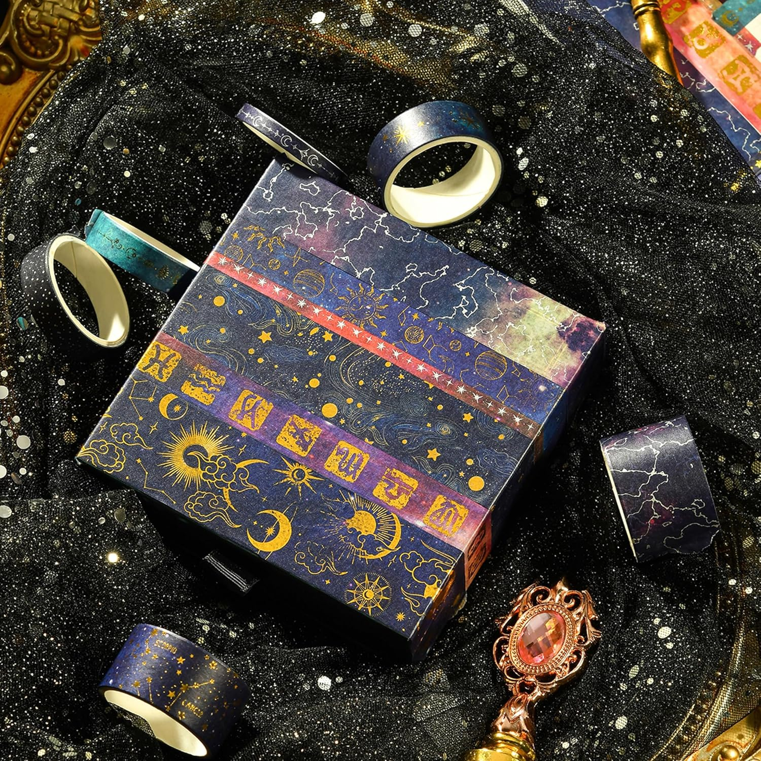 KAVI' S 20 Rolls Galaxy Washi Tape Set Stars Arts Adhesive Tapes Gold Silver Foil Decorative Masking Tape Sets for Craft, Kids, Scrapbook, DIY, Gift Wrapping image number 5