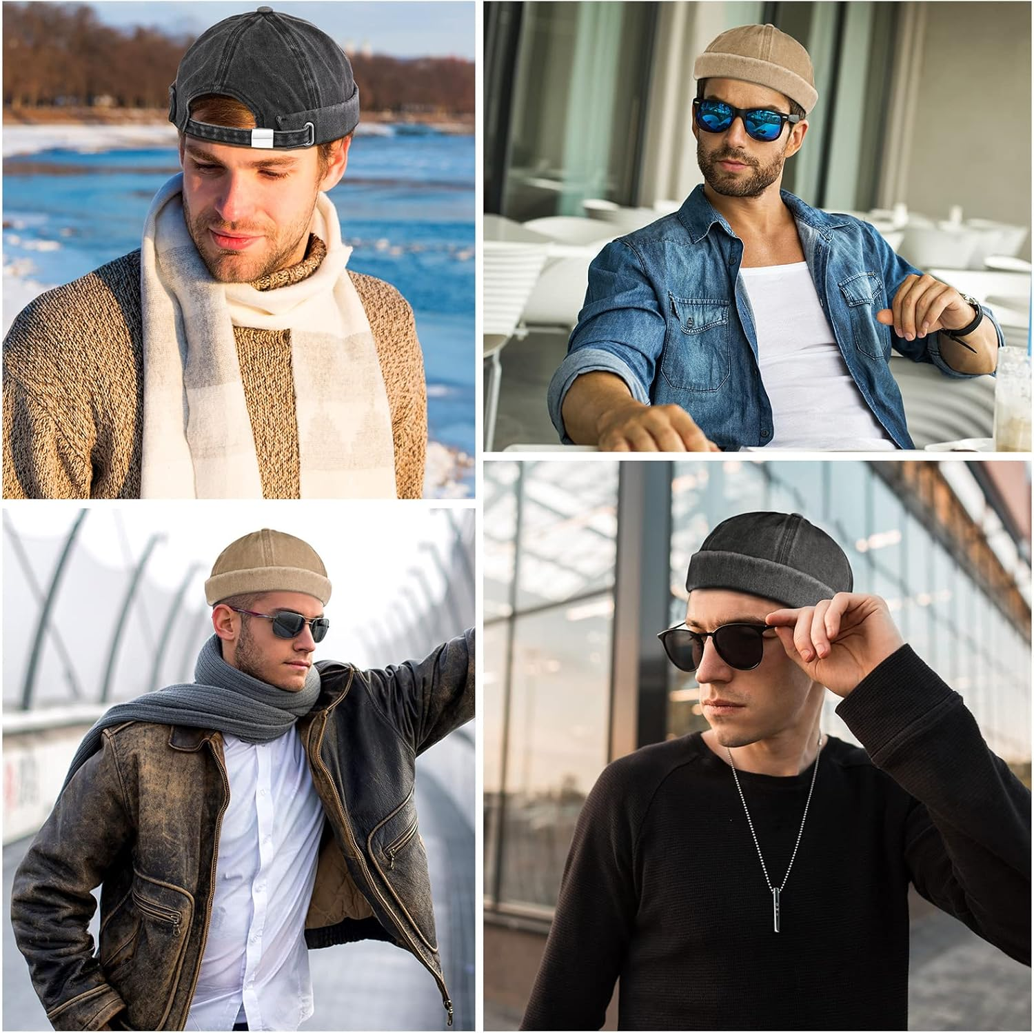 2 Pieces Brimless Hats for Men Adjustable Docker Hat Casual No Brim Hat Visor-Less Flip Hat Sailor Skullcap image number 6