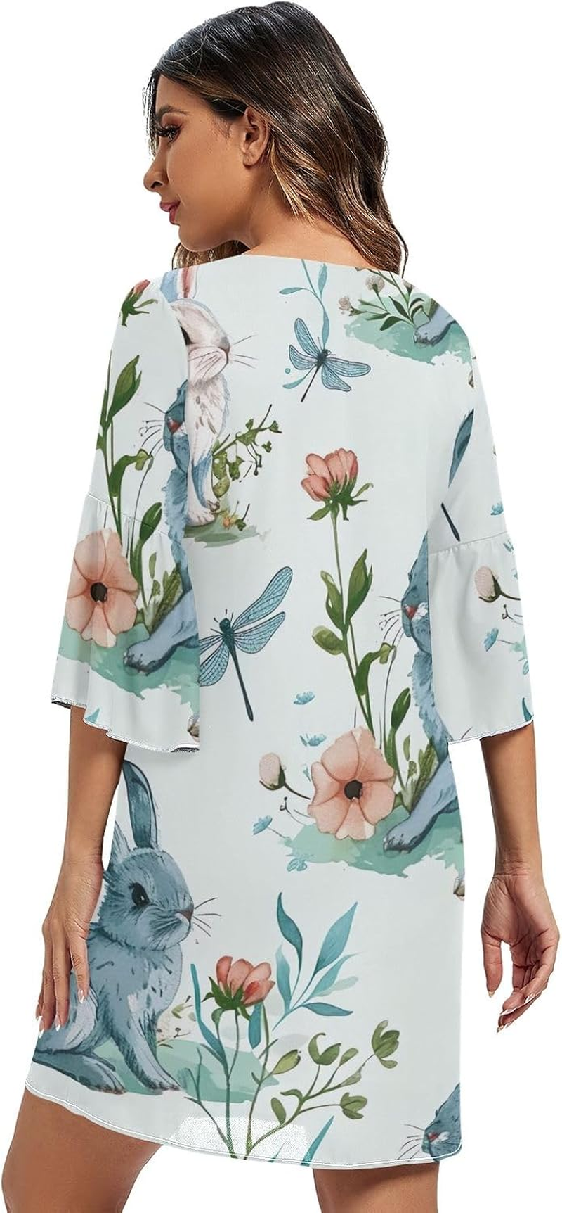 Cute Rabbit Flowers Blue Short Dress Printed Maternity Dress Party S-XXL