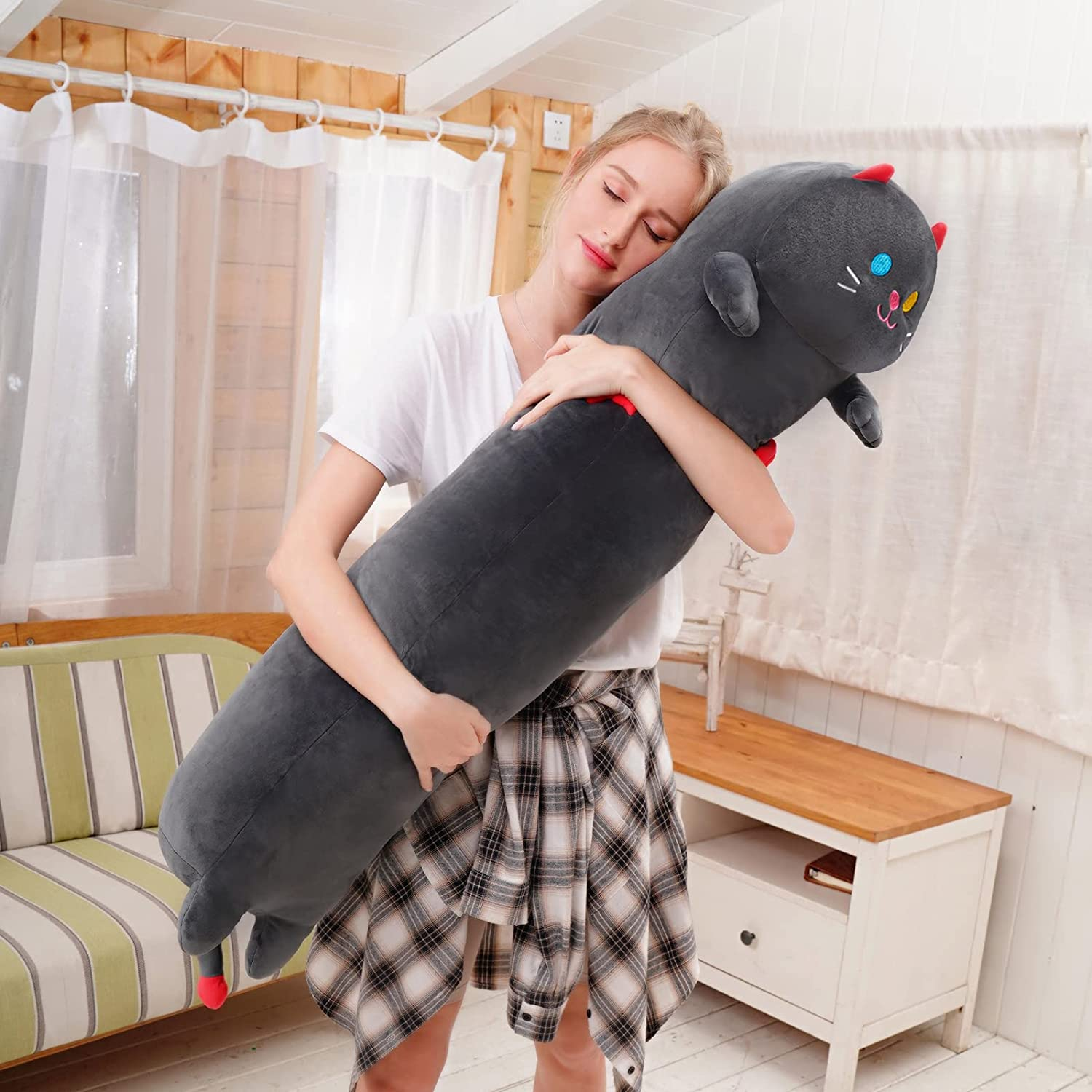 Mewaii Long Cat Plush Body Pillow, 28&rdquo; Cute Black Cat Stuffed Animals Kawaii Soft Plushies, Kitten Plush Pillow Doll Toy image number 3