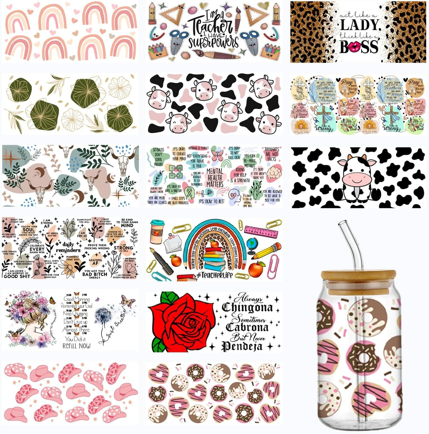 UV DTF Cup Wrap Transfer Sticker for Glass, 15Sheets Rub on Transfers Stickers for Crafting Furniture-Diy Waterproof Decals UV DTF Transfer Sticker for 16OZ Libbey Glass Cups (Mix 2) image number 5