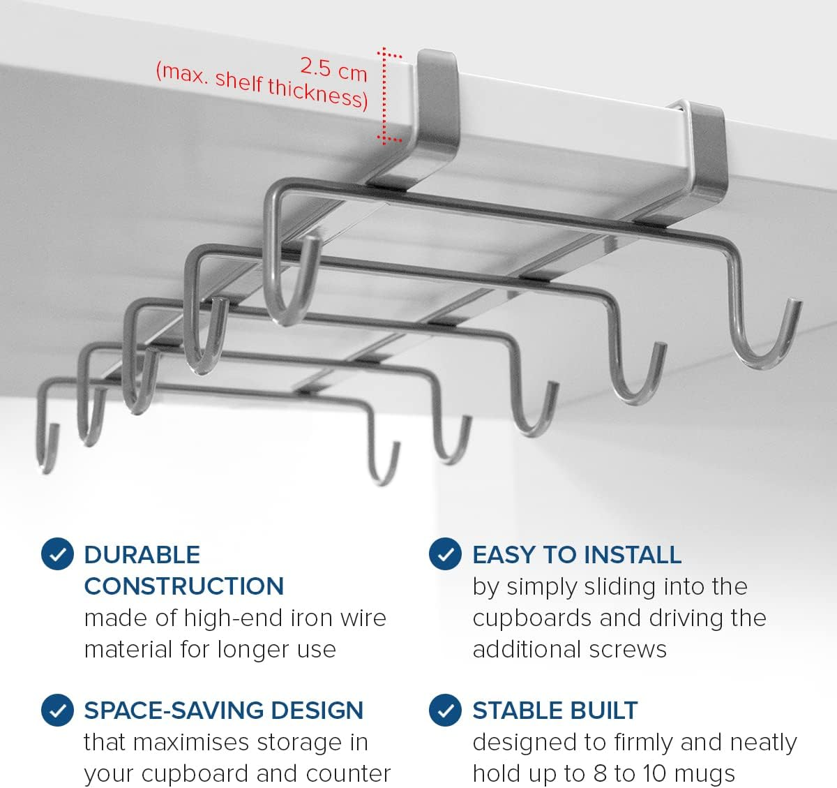 Joeji'S Kitchen Mug Holder & Cupboard Organiser | Silver Kitchen Cupboard Storage Organiser Ideal as Cup Holder or Mug Rack | Iron Wire Cupboard Shelf Organiser with Mug Hooks under Shelf