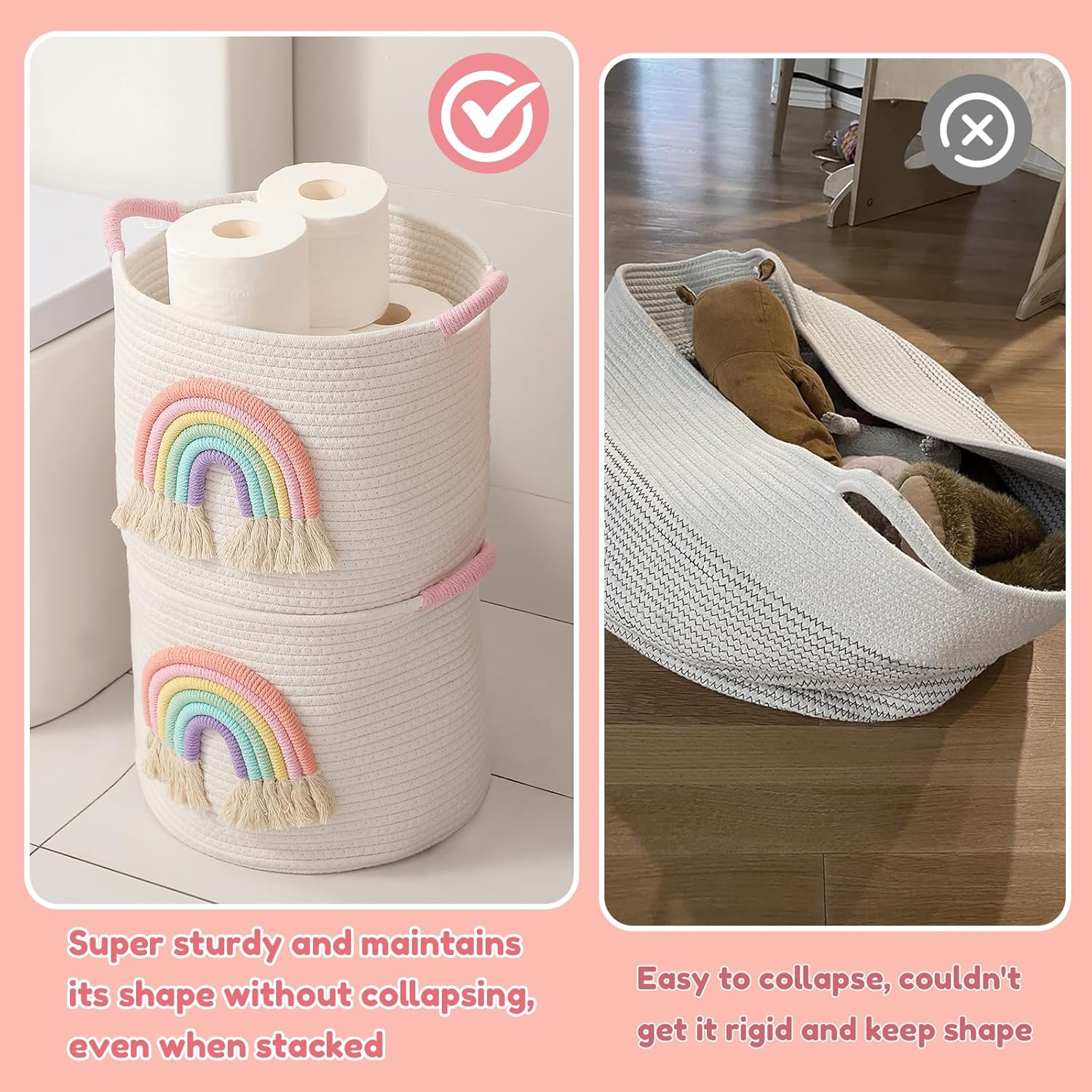Inough Toy Storage Baskets Woven Cotton Rope Storage Basket with Rainbow Decor for Kids, Blanket Baskets for Living Room Toys Organizer Rainbow Baby Gifts Basket with Handle for Girls Nursery Playroom image number 3