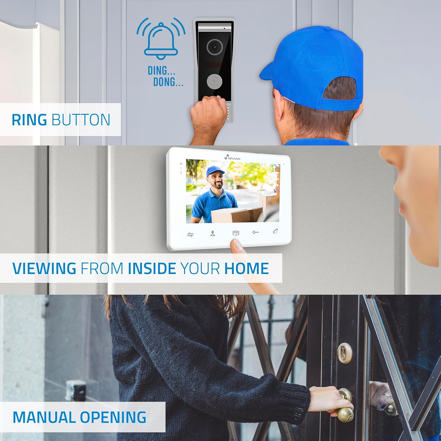 NIVIAN 2 Wire Video Door Intercom Analog with 7" Monitor, HQ Indoor Display with Bi-Directional Audio, IP65 Outdoor Plate with Night Vision, Electric Door Opener, Smart Security image number 6