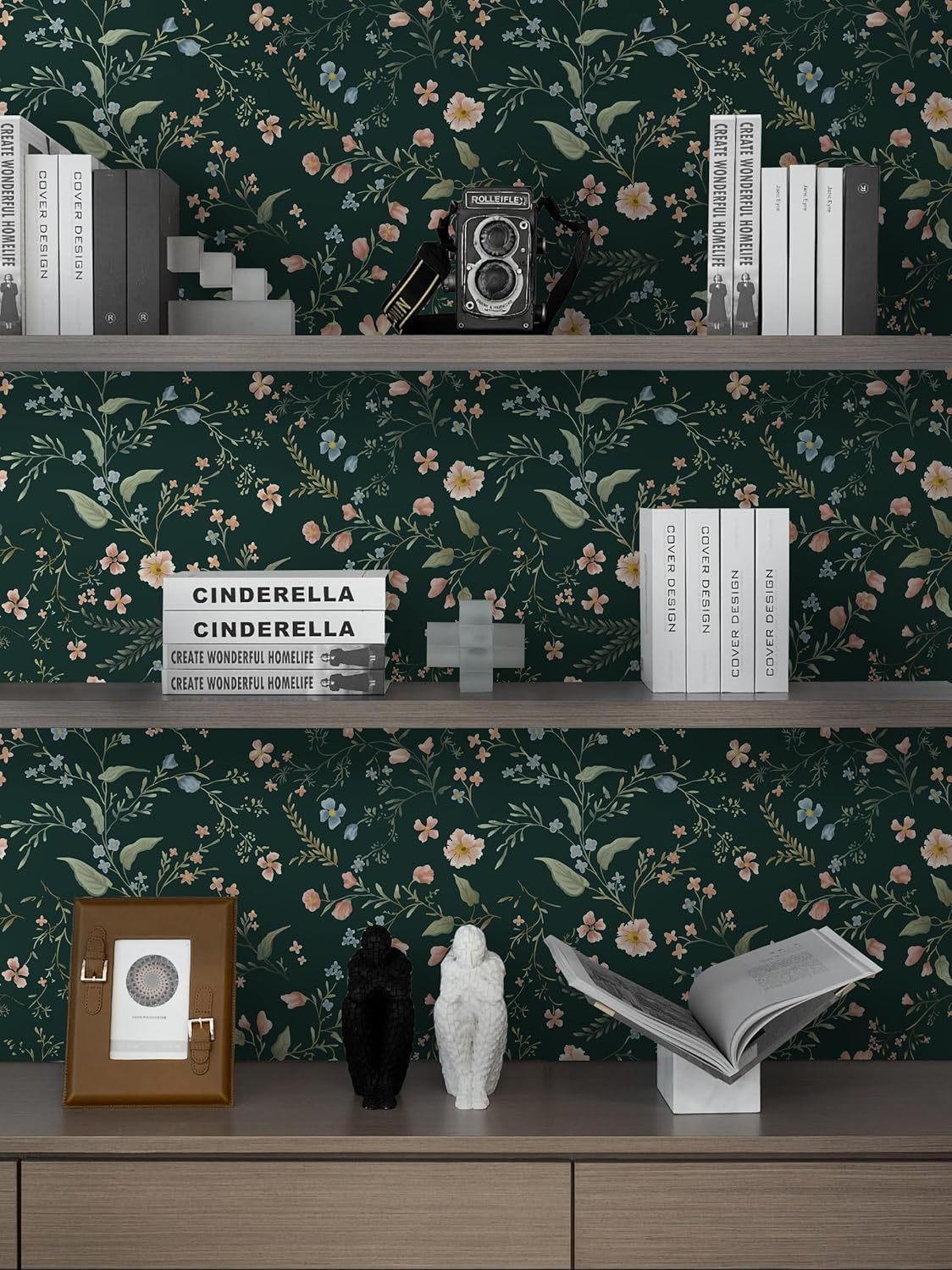Eeecoming Floral Peel and Sick Wallpaper Vintage Wall Paper Green Contact Paper Flowers Removable Self Adhesive Wallpaper for Bedroom Bathroom Cabinets Vinyl Roll 17.3"X196.8" image number 5