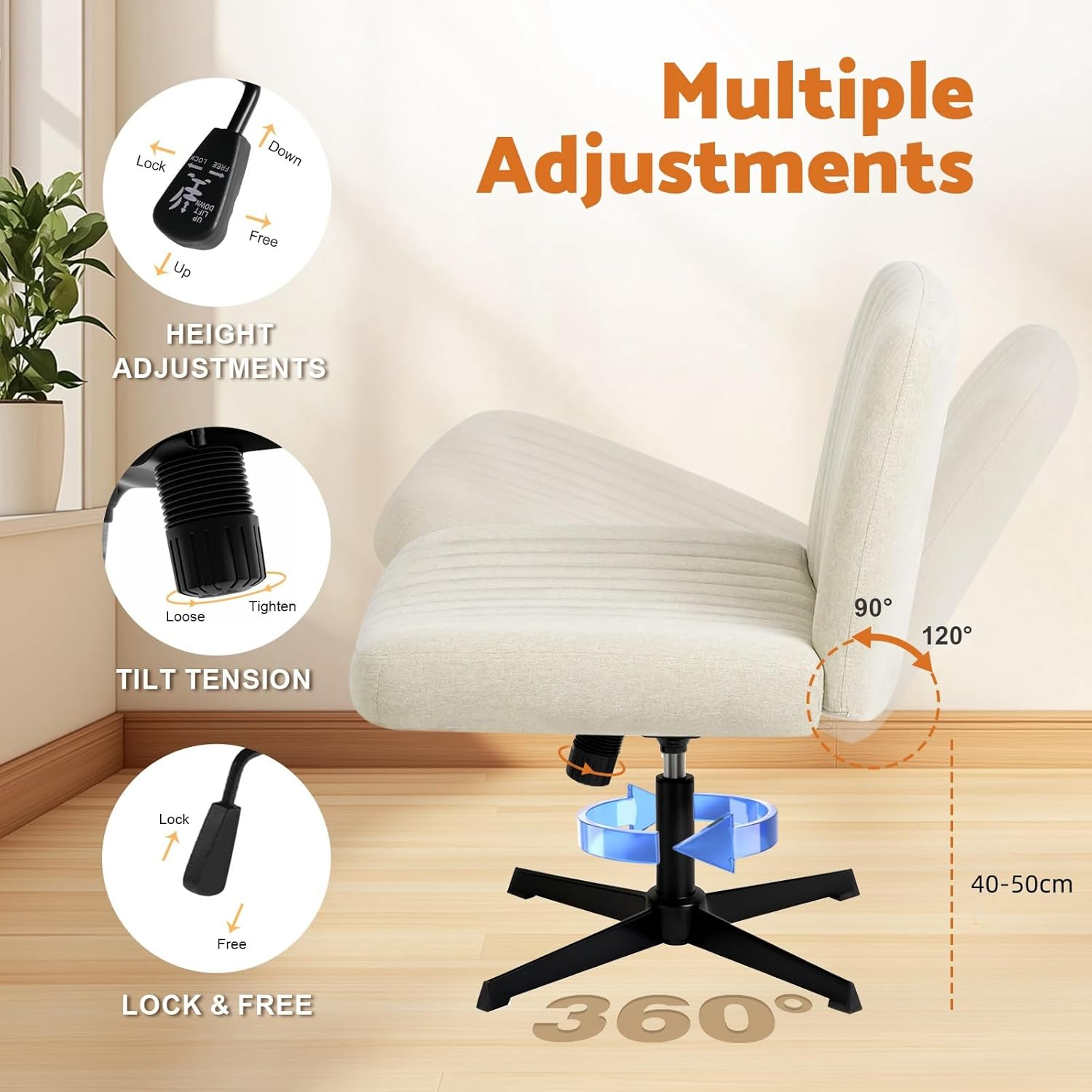 Advwin Criss Cross Legged Office Chair Armless Computer Chair with Wide Seat Swivel Vanity Chair with Adjustable Height Ergonomic Desk Chair for Home Office Study Bedroom Workstation, Beige image number 3