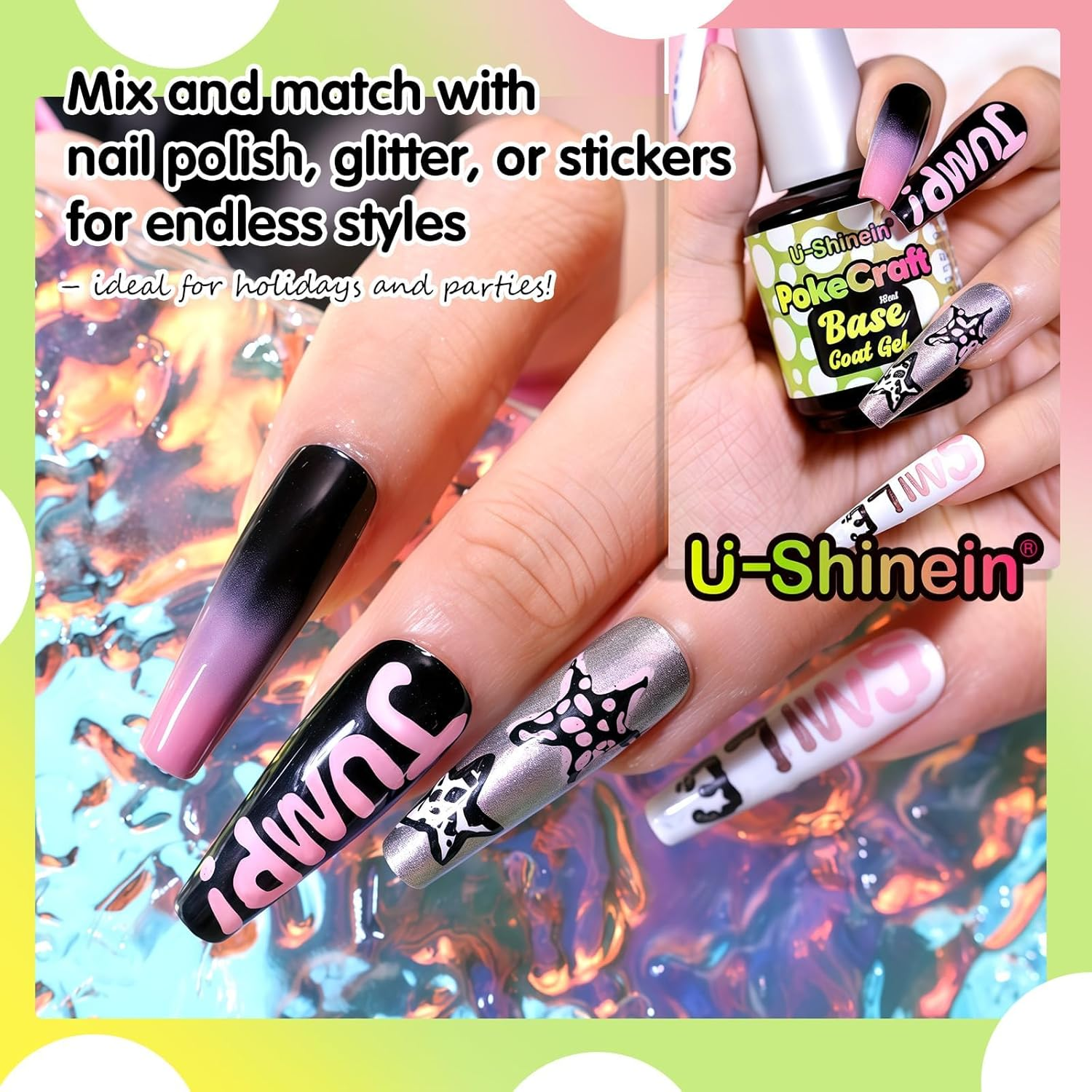 U-Shinein Multi-Functional White&Black Gel Nail Polish Set, with Base Coat&Orange Wood Nail Sticks Kit, Blooming Gel Spreading Magic Blossom Effect Pokecraft Gel Nail Polish Lace Patterns Manicure DIY - Whiteblackbase Coatwood Stick image number 3