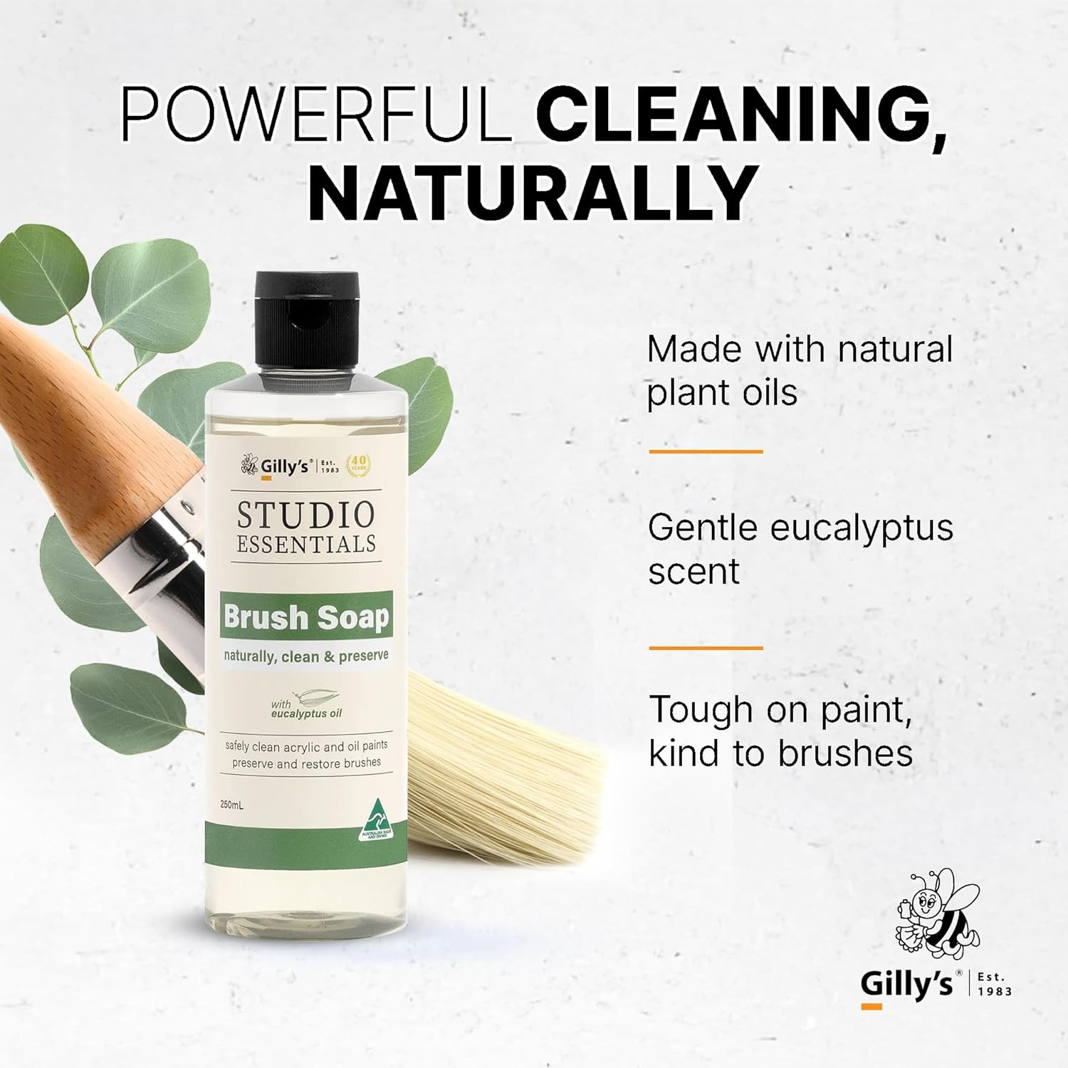 Gilly'S Brush Soap 250Ml - Plant-Based Cleaner with Eucalyptus Oil for Paint Brushes & Tools | Safe for Synthetic & Bristle Brushes, Acrylic, Oil, Chalk & Mineral Paints image number 1