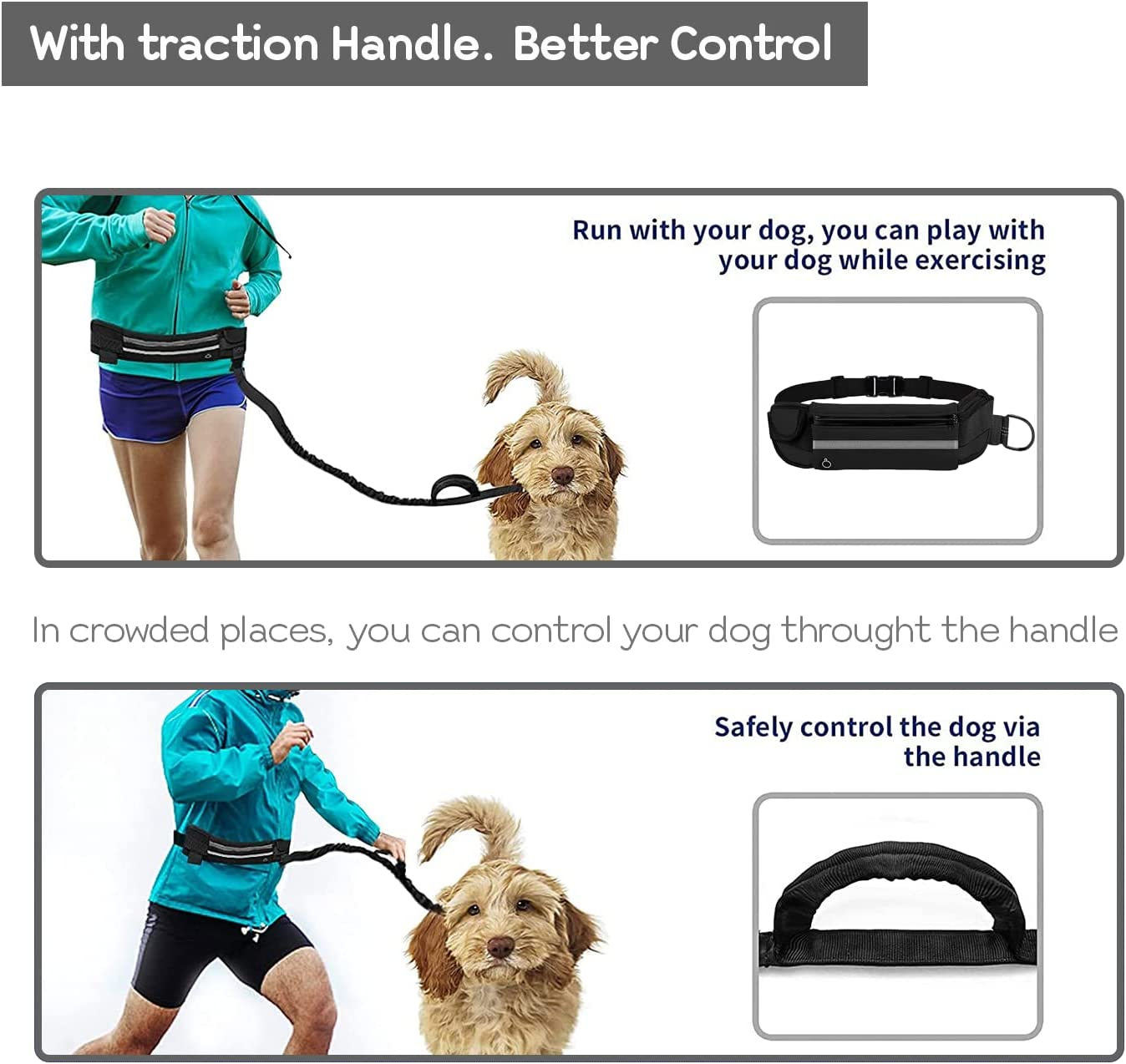 Edipets, Jogging Lead Dogs, Hands-Free, Running, Hiking, Webbing, Anti-Stress, Reflective, 160-220 Cm (Black) image number 4