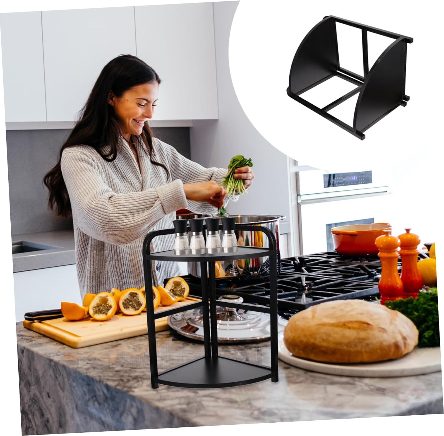 Double Layers Corner Spice Rack 25X25X43Cm Black Willow Wood with Metal Frame Kitchen Storage Shelf for Home Kitchen Seasoning Organization image number 6