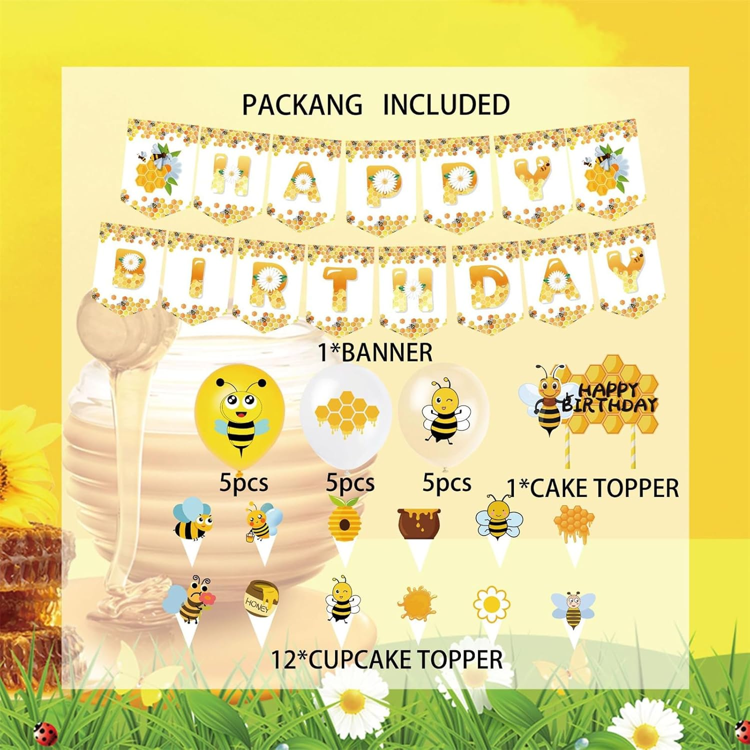 Bee Birthday Party Decorations Set Bee Balloon Party Supplies Happy Birthday Banner Bee Latex Balloon Cake Topper image number 4