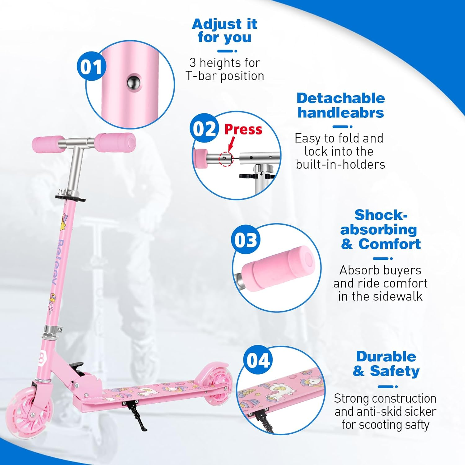 BELEEV V1 Scooters for Kids, 2 Wheel Folding Kick Scooter for Girls Boys, 3 Adjustable Height, Light up Wheels, Lightweight Scooter with Sturdy Frame, Kickstand for Children 3 to 12 Years Old image number 1