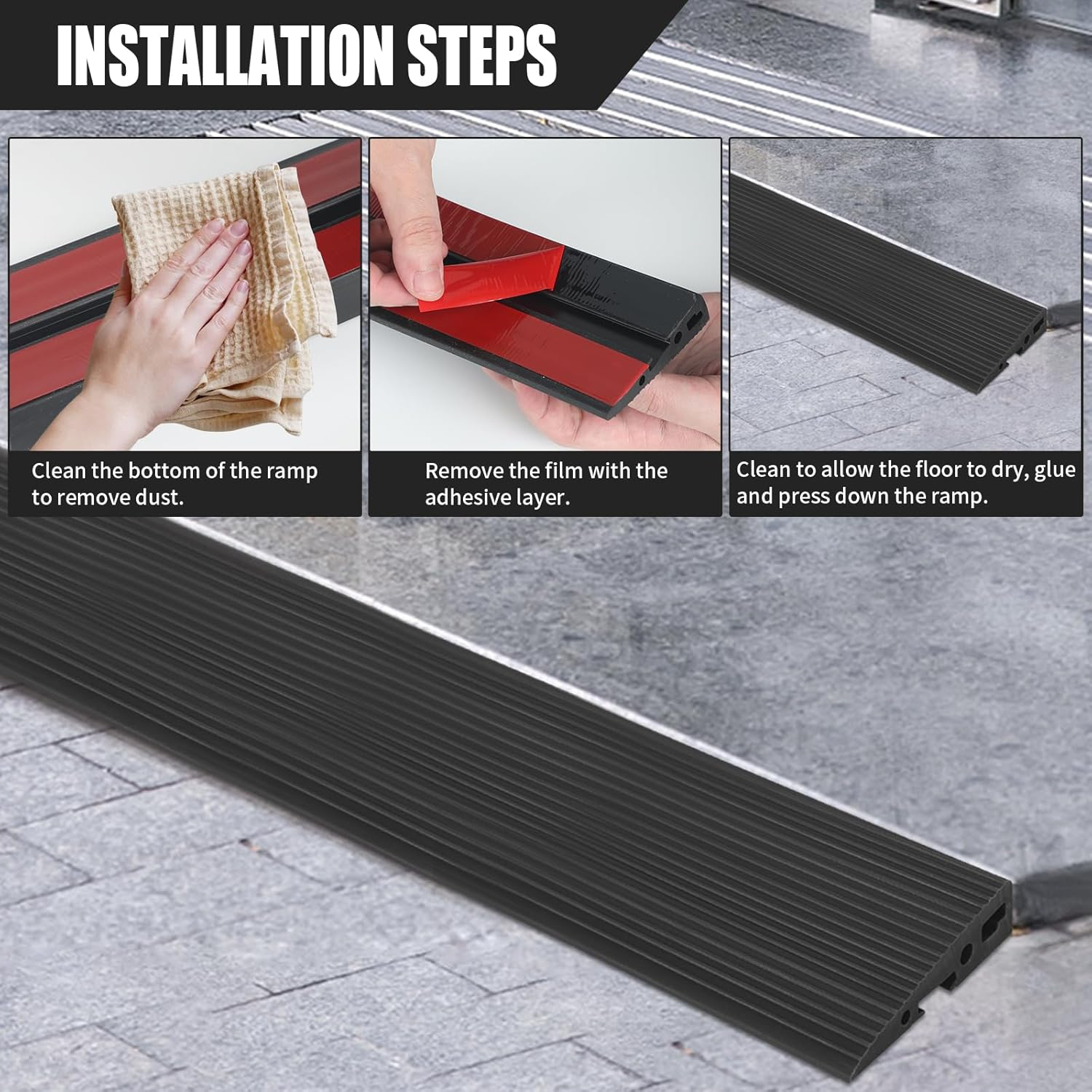 Threshold Ramp for Doorways, 90 X 7.5Cm Self Adhesive Rubber Kerb Ramp with 4 Holes, Non Slip 1.5/2Cm Height Door Step Strip for Wheelchair (Black, 2Cm) image number 7