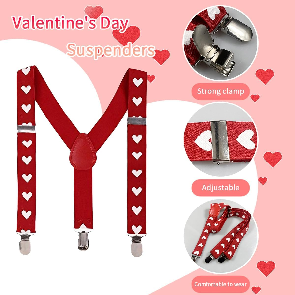 Xnxnzhho Valentine&rsquo;S Day Suspenders for Men, Red Adjustable Heart Suspenders Heavy Duty Clip, for Valentine Wedding Party image number 1
