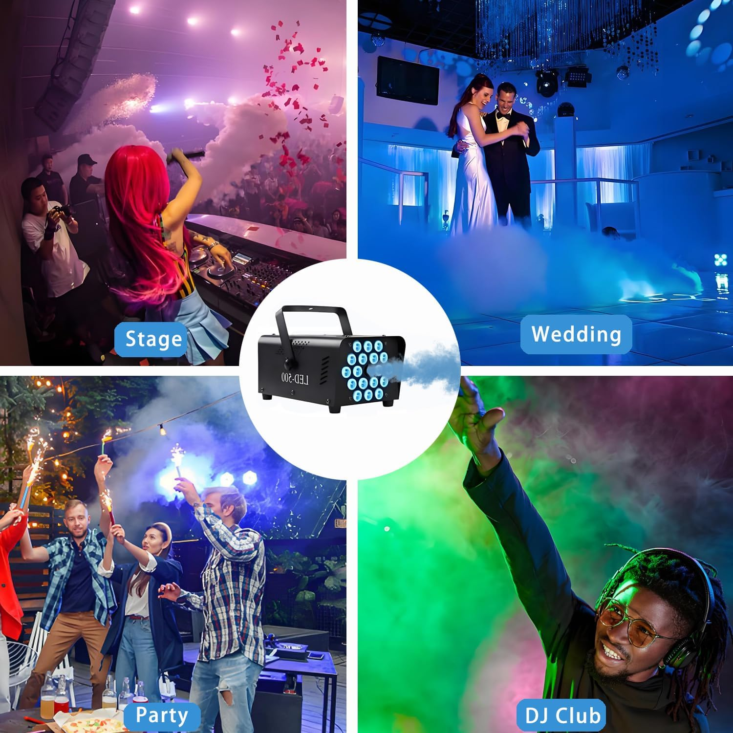 Fog Machine with Light 18 LED Smoke Machine Outdoor for Parties Wedding, 13 Colors Smoke Machine Fog Indoor with 2 Wireless Remote Controls, 500W 2000CFM Outdoor Party Fog Machine for Halloween DJ