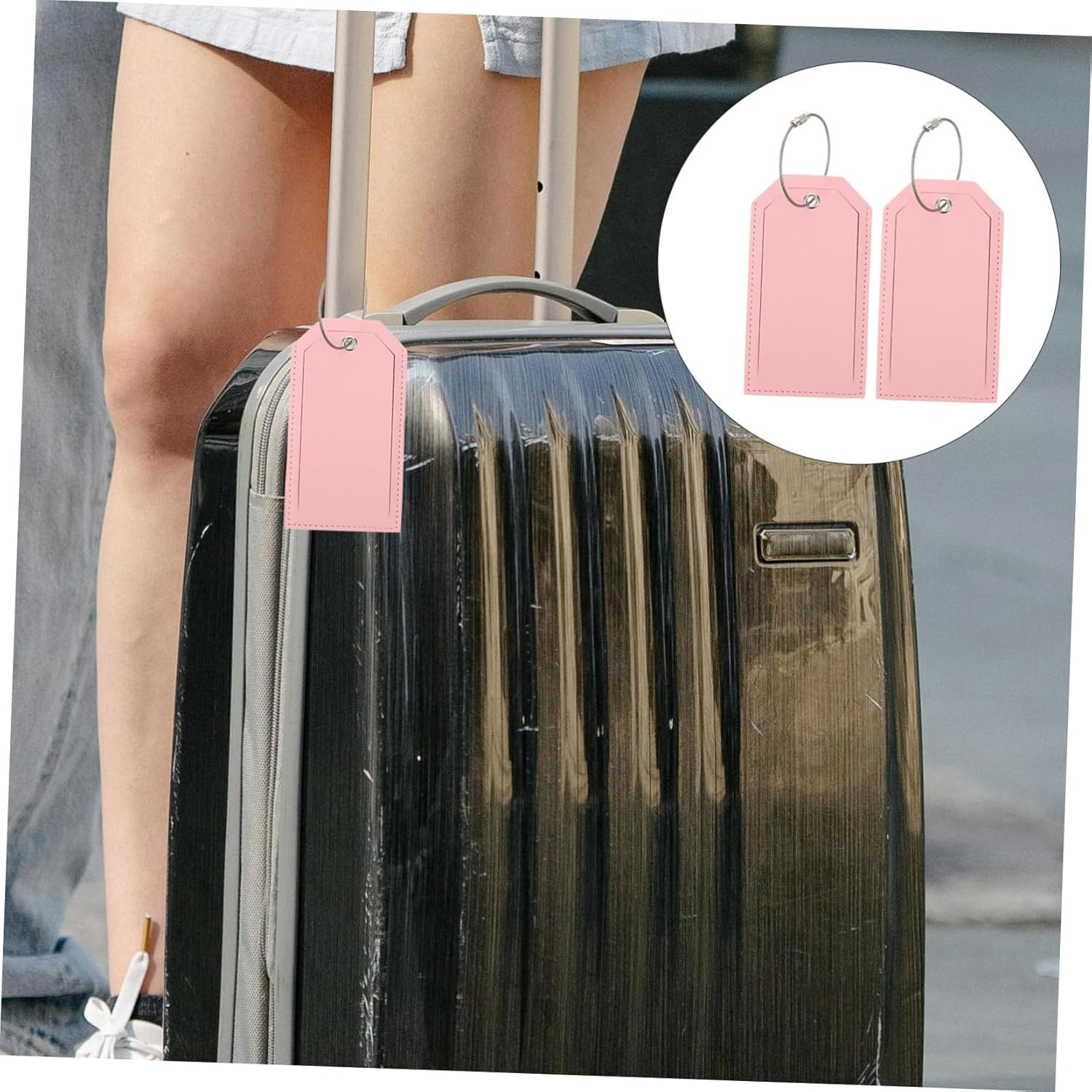 MOKKHNB 2Pcs Thickened PU Leather Luggage Hanging Name Tag Pink Suitcase Id Holders with Buckle for Travel Bags Lightweight Travel Tags for Easy Baggage Identification image number 3