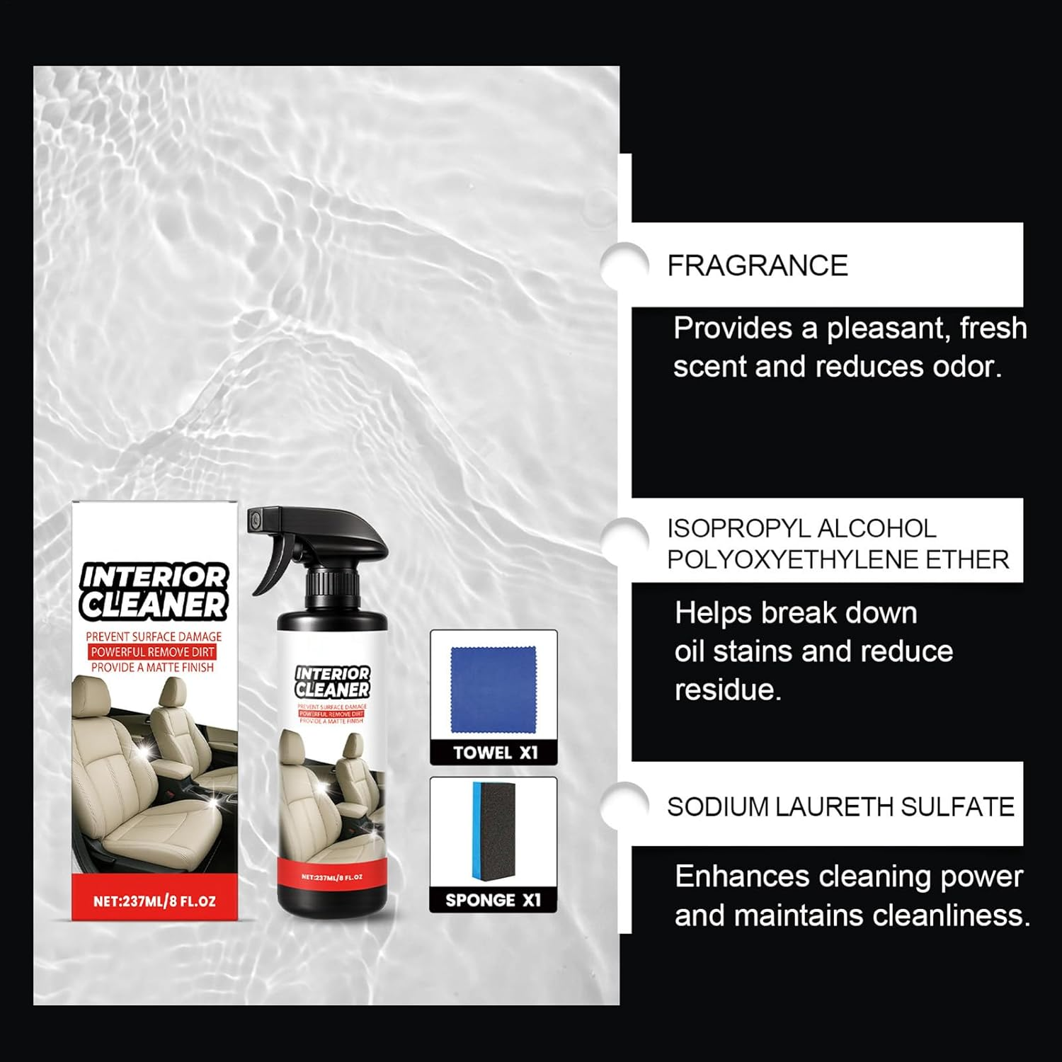 GEUGECY Trim Restorer - Car Seat Upholstery Stain Remover with Cloth and Sponge - 237Ml Automotive Cleaning Spray Agent for Leather Seat Trim Central Console Door Steering Wheel image number 1