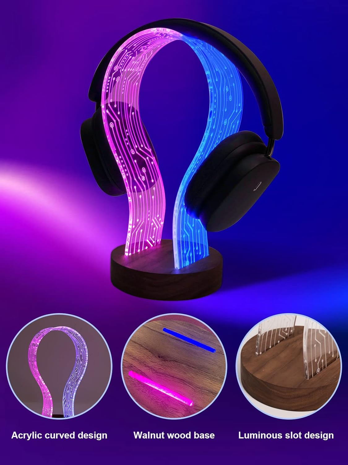 Yuandian Headphone Stand, Walnut Wood Headset Holder with Blue Pink LED Night Light for Gamers, Men, and Music Lovers - Perfect Desk Gift Idea