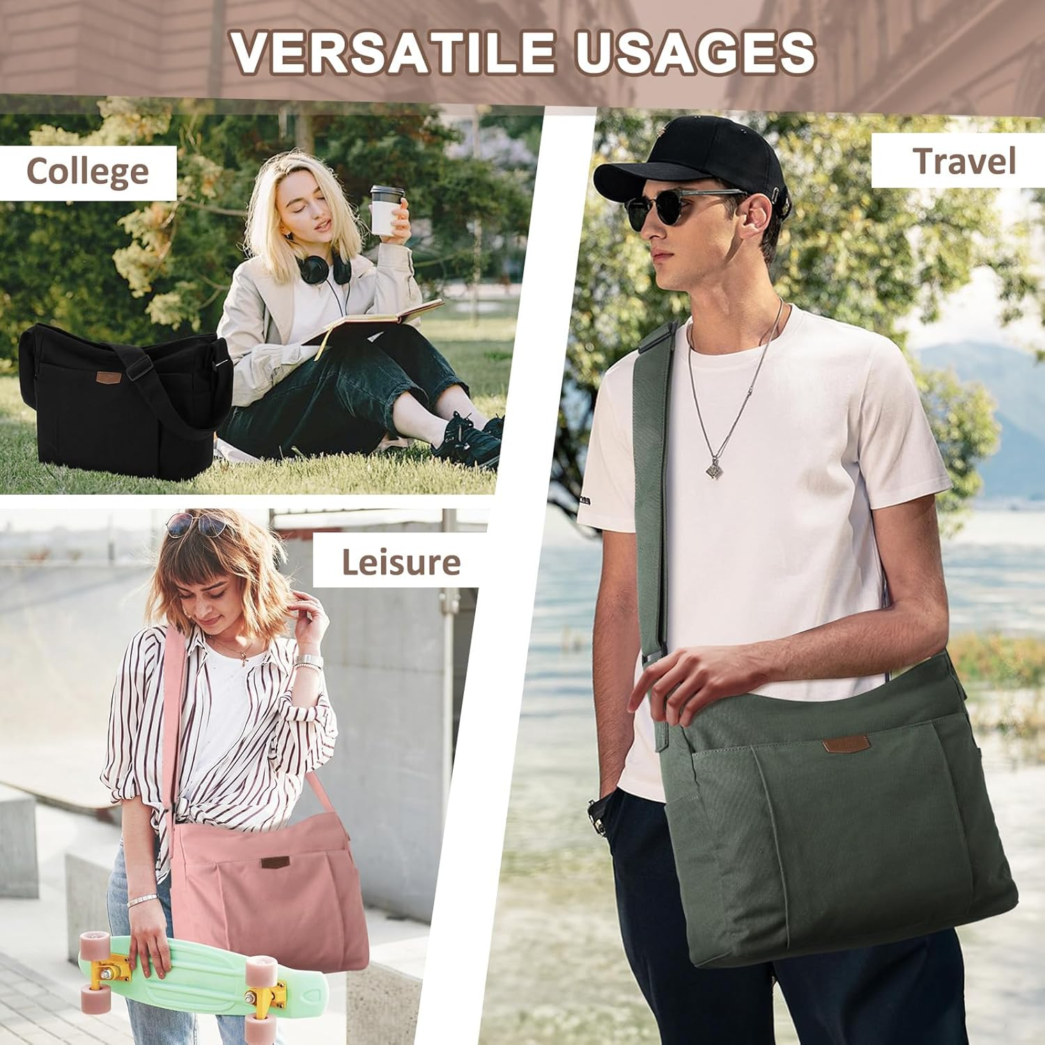 KASQO Canvas Messenger Bag, Large Lightweight Hobo Crossbody Tote Bag for Women Men Casual Shoulder Bag for College Travel Work image number 3