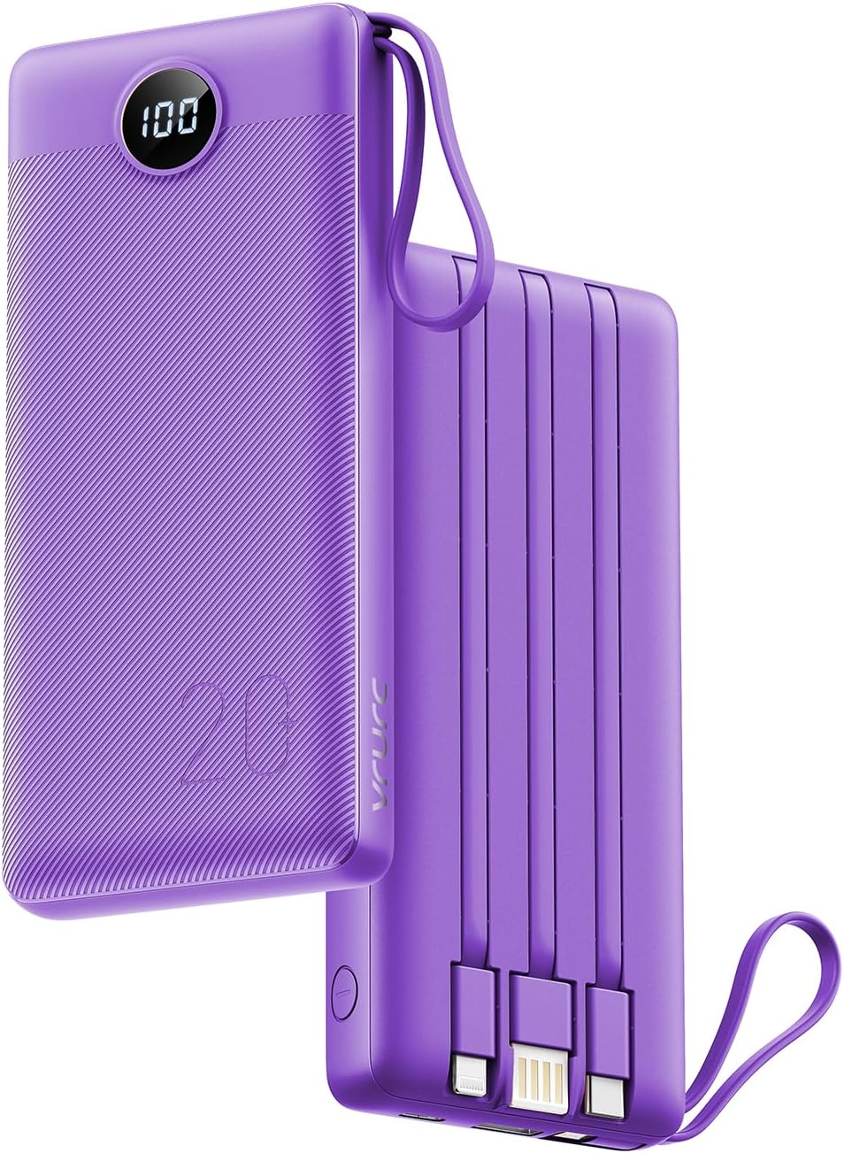 Portable Charger 20000Mah, Fast Charging Battery Pack 22.5W USB C, VRURC Phone Power Bank with 4 Built-In Cables, 4 Output 2 Input LED Display Compatible with Iphone Samsung,Tablet,Purple