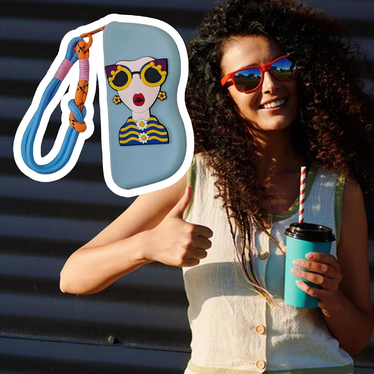 Cute Glasses Case | Cute Sunglasses Case for Women,Sunglass Organizer Storage Bag, Zipper Pouch Silicone with Wrist Strap for Eyewear Organization and Storage - Blue image number 3