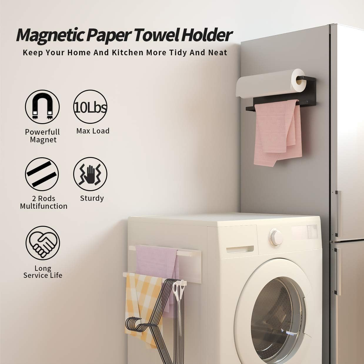 Magnetic Paper Towel Holder for Refrigerator,Kitchen Towel Rack Magnetic Paper Towel Bar Multi Function Made of Iron,Used for Kitchen,Bathroom,Toilet, Drill Free (White, Medium) image number 7